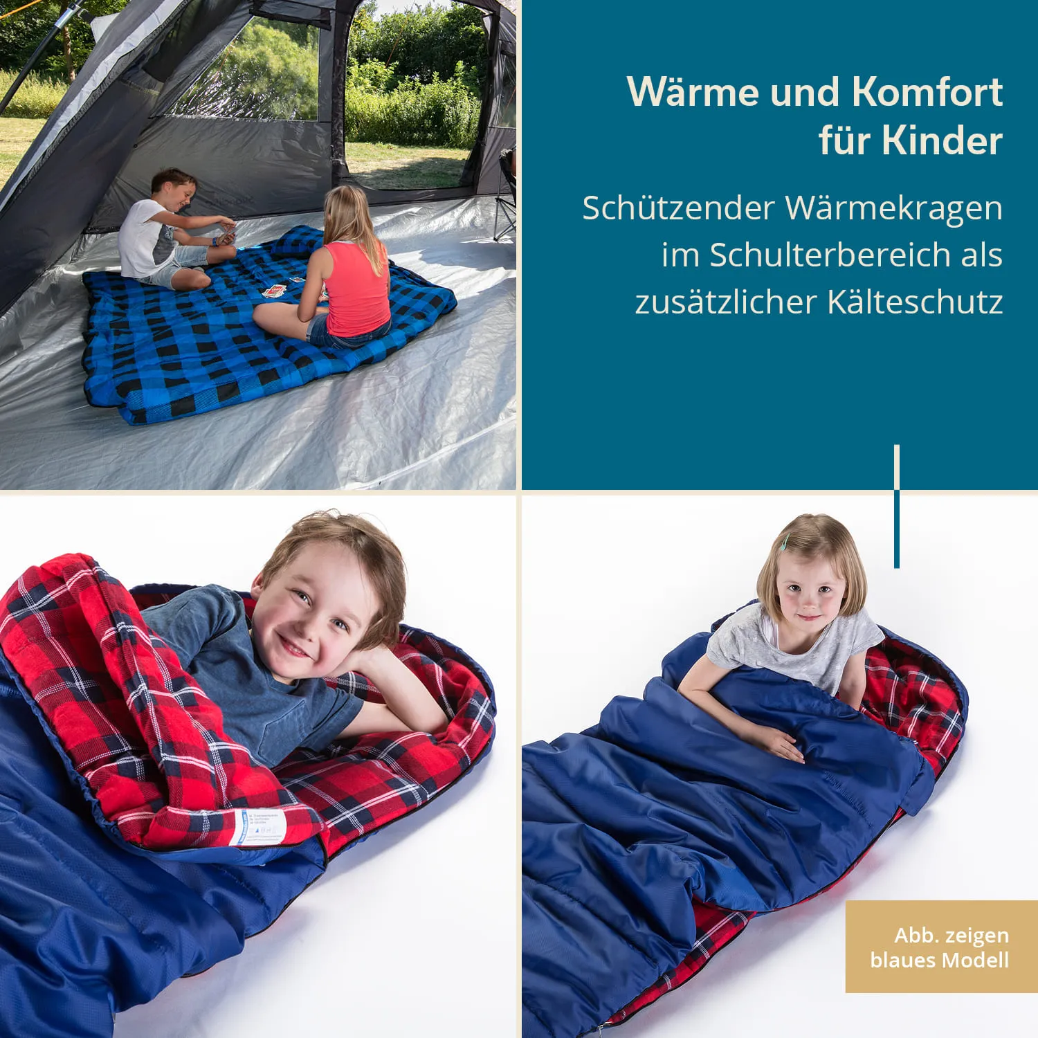 Im Zelt sitzen zwei Kinder auf einer blauen Decke. Unten auf dem Bild liegen zwei Kinder in Schlafsäcken, einer rot karierter, der andere blau.