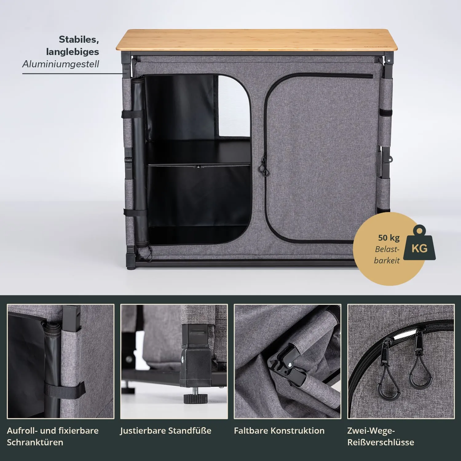 Grauer Klapptisch mit Aluminiumgestell und Holzplatte, mittig mit einem offenen Fach und Türen. Darstellung von Funktionen.