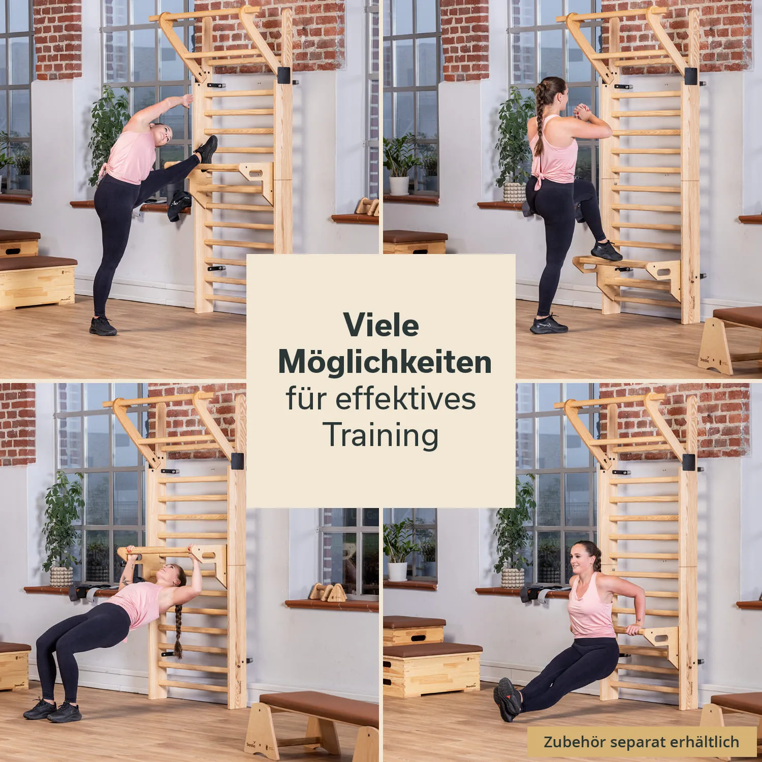Trainingsgerüst mit einer Person, die verschiedene Übungen ausführt. Helle Räume mit großen Fenstern und Pflanzen.