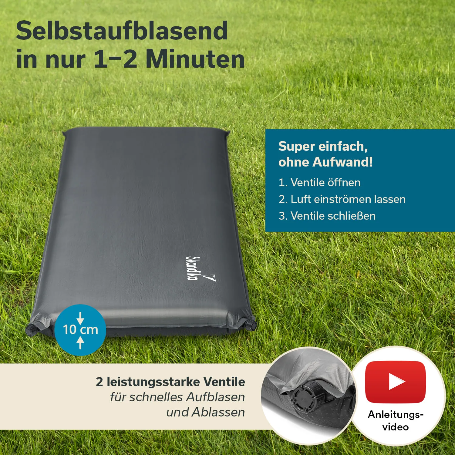 Selbstaufblasende Matte in Schwarz auf grünem Gras, mit Text zur Verwendung und Anleitung für Ventile.