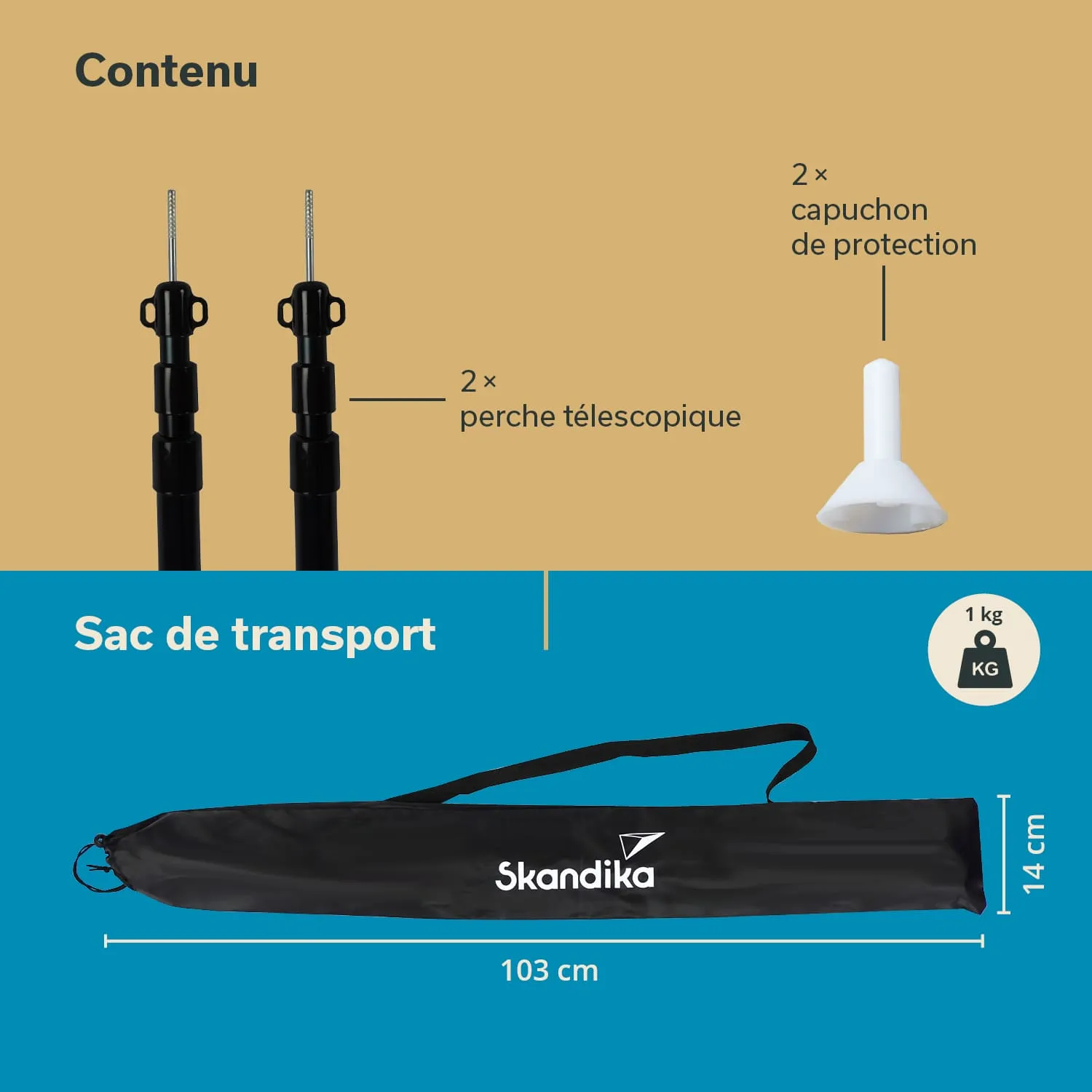 Zwei schwarze Teleskopstangen und zwei weiße Schutzkappen, sowie eine schwarze Tragetasche mit dem Schriftzug „Skandika“.
