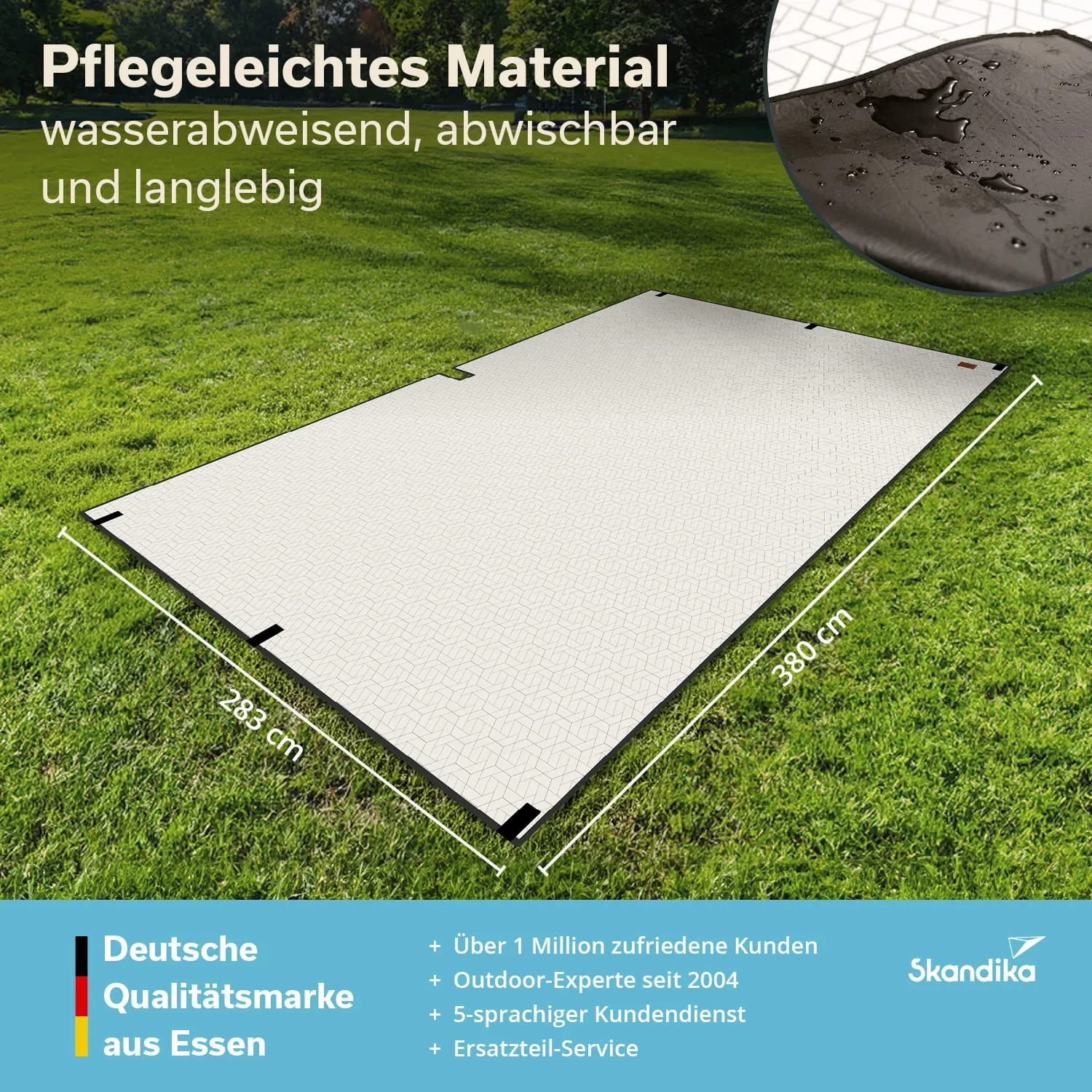 Lagerfläche aus pflegeleichtem, wasserdichtem Material auf einer grünen Wiese, mit Maßangaben und Logos.
