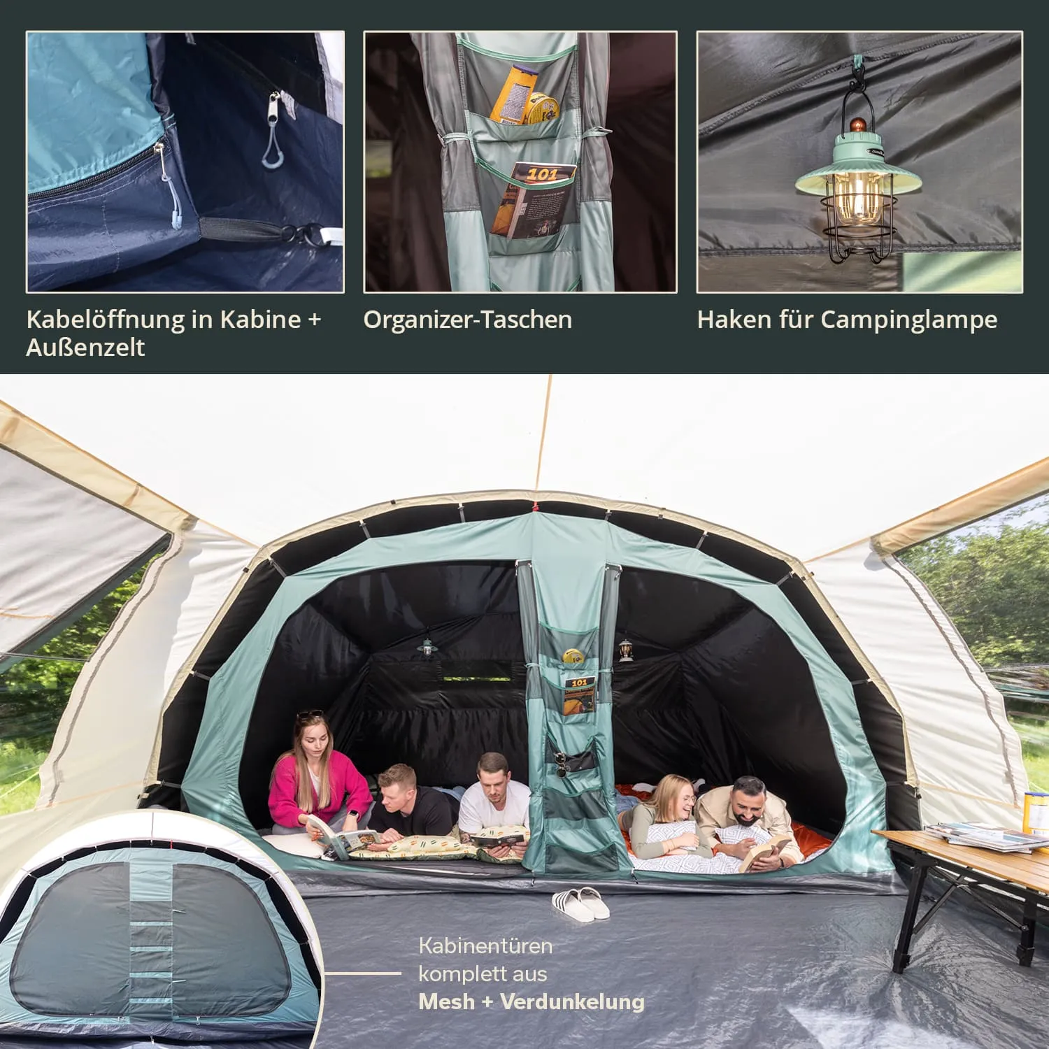 Campingzelt mit Kabine, Kabelöffnung, Organizer-Taschen und Haken für Lampe. Personen lesen im Inneren.