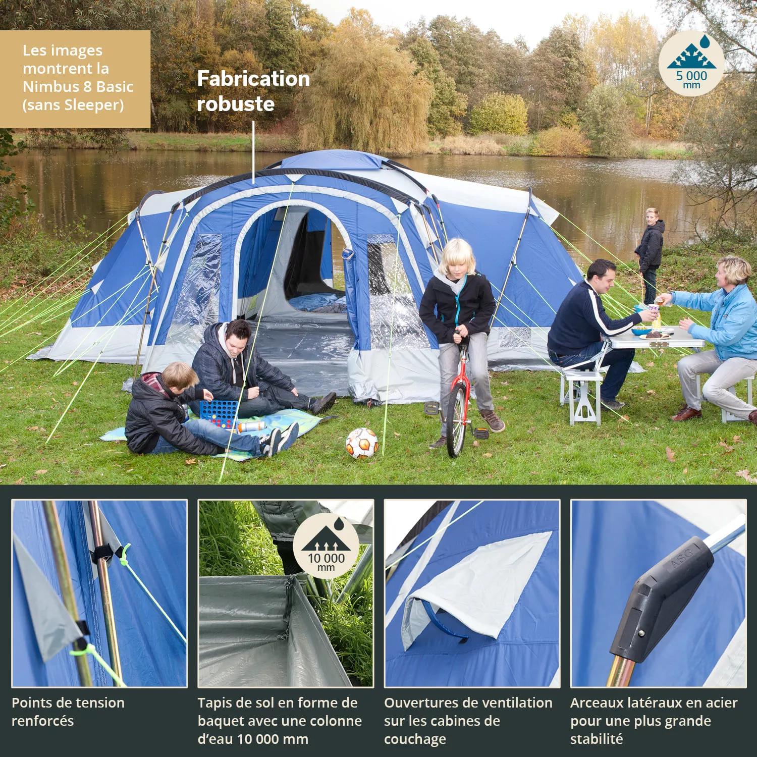 Zelt in blauer und grauer Farbgestaltung am Wasser, umgeben von Personen, die spielen, essen und relaxen.