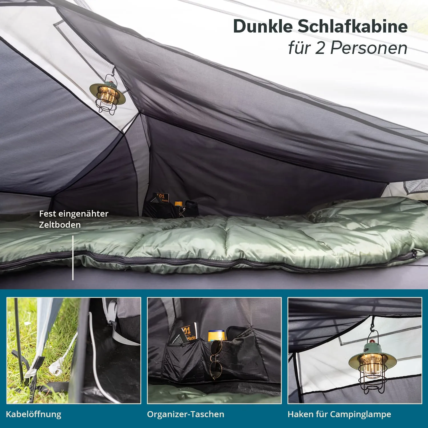 Dunkle Schlafkabine für 2 Personen mit eingenähtem Zeltboden, Campinglampe und Organizer-Taschen. Sichtbare Kabellöffnung.