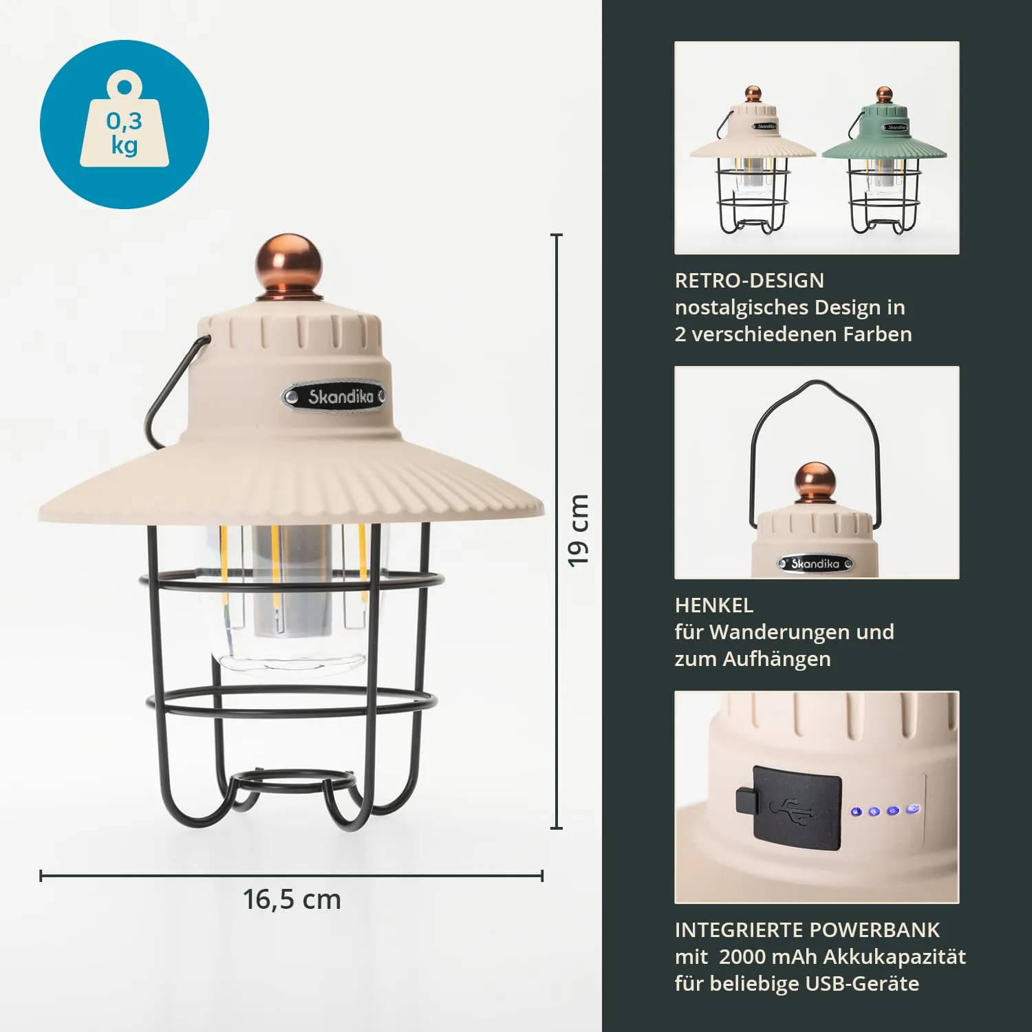 Retro-Lampe in beige und grün, mit Metallgitter und Henkel. integrierte Powerbank, Maße: 19 cm hoch, 16,5 cm breit.