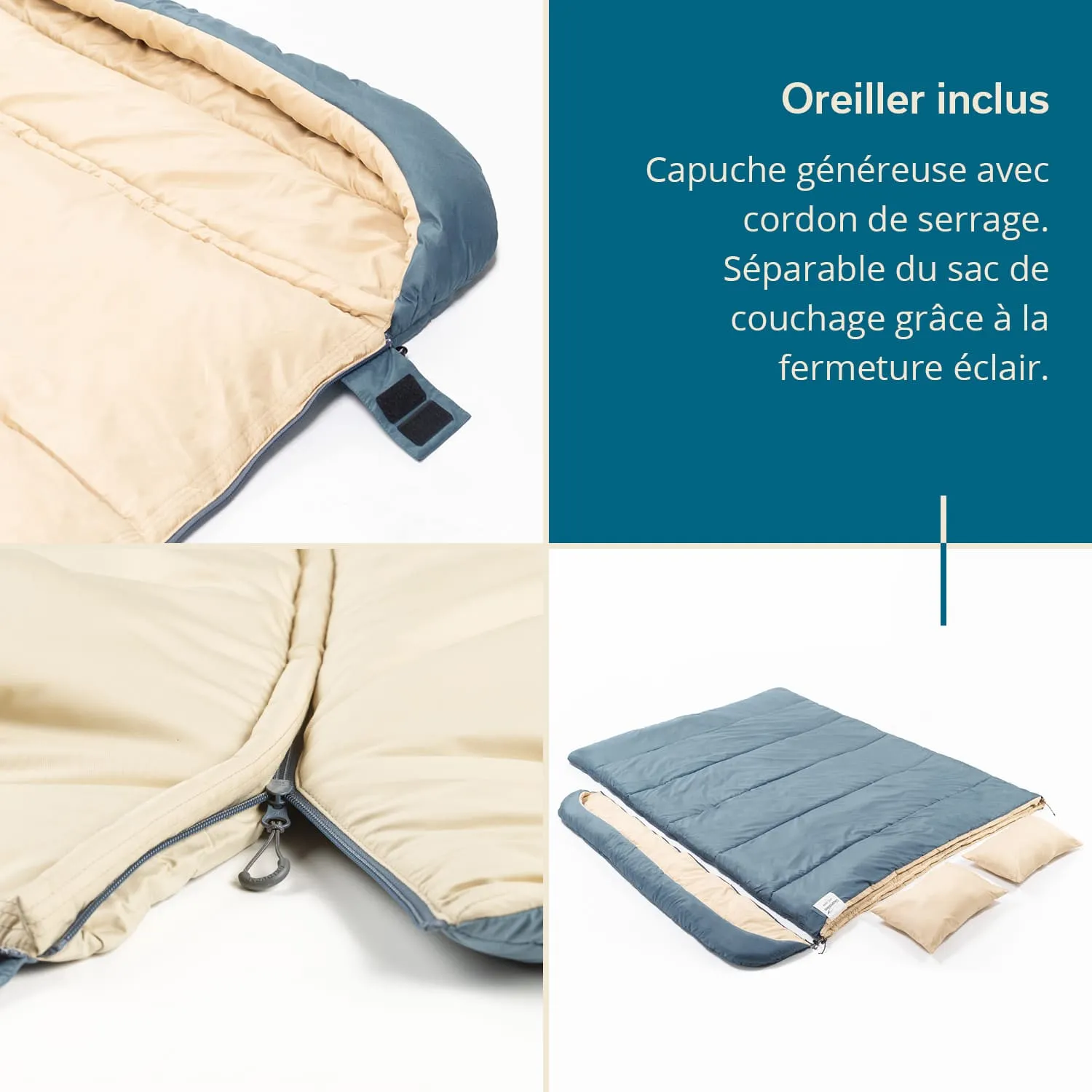 Schlafsack in Blau und Beige, geöffnet, mit Kopf- und Kissenbereich. Detailansicht des Reißverschlusses und der Innenseite.