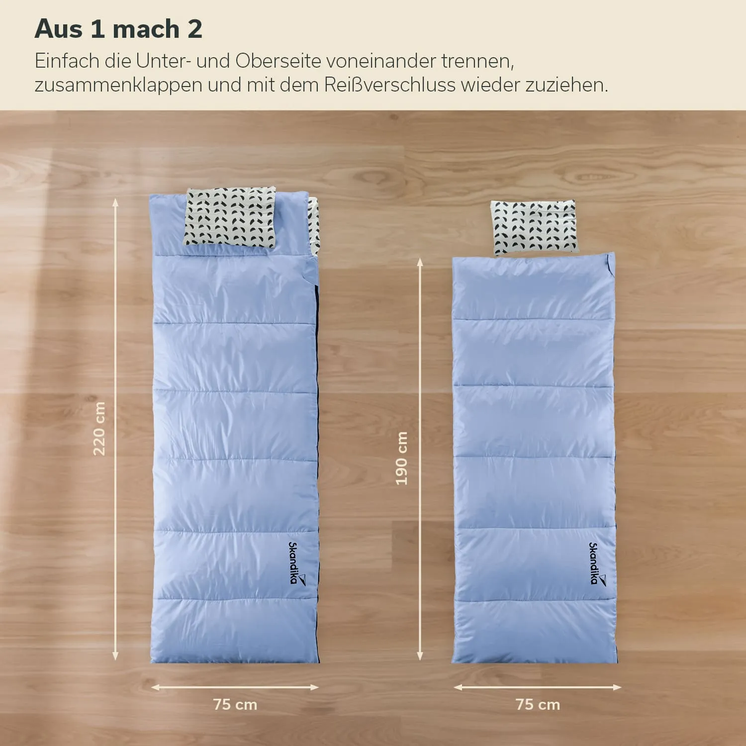 Zwei Schlafsäcke in hellblau auf einem Holzboden. Angaben zu den Maßen: 220 cm und 190 cm in der Länge, 75 cm in der Breite.