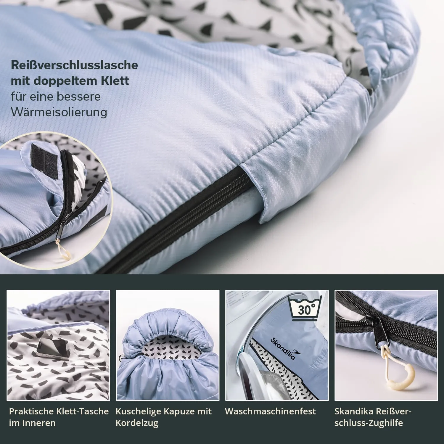 Weicher, blauer Schlafsack mit Reißverschluss und Klettverschluss. Innenmuster mit grauen Formen. Mehrere Detailansichten sichtbar.