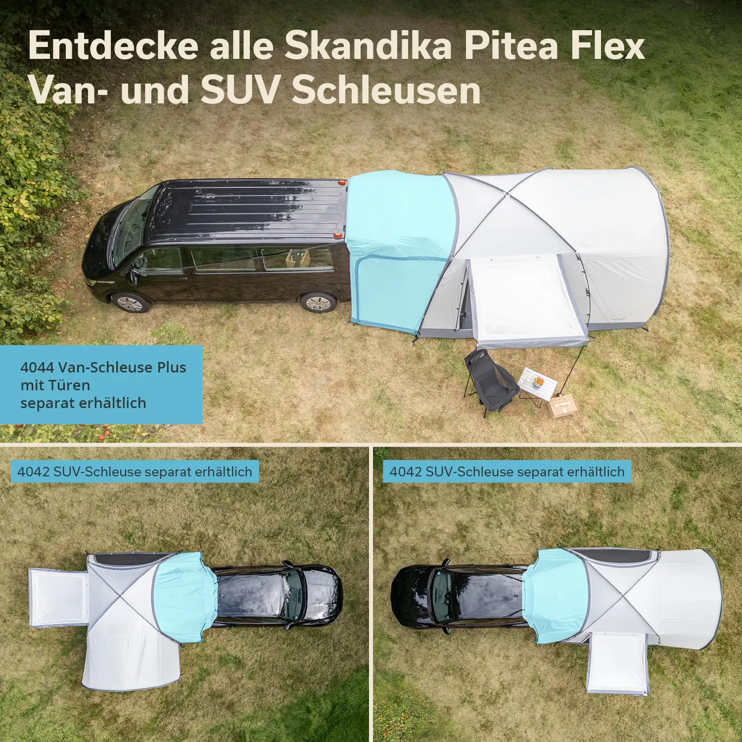 Schwarzer Van mit angeschlossenen Zelten auf einer Wiese. Oben verschiedene Zeltkonfigurationen abgebildet.