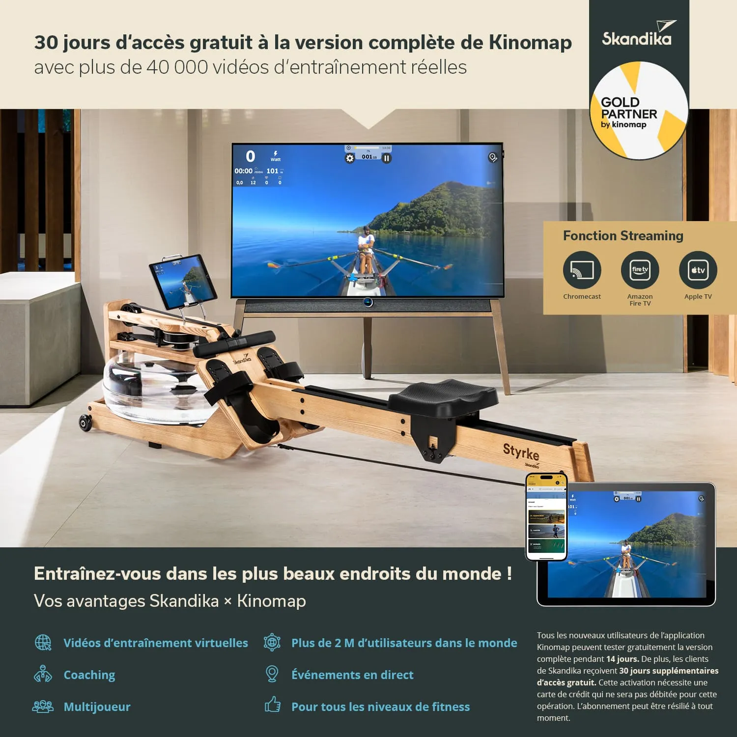 Wasserrudergerät aus Holz steht in einem Raum neben einem Fernseher. Auf dem Bildschirm sind Grafiken und Trainingsdaten sichtbar.