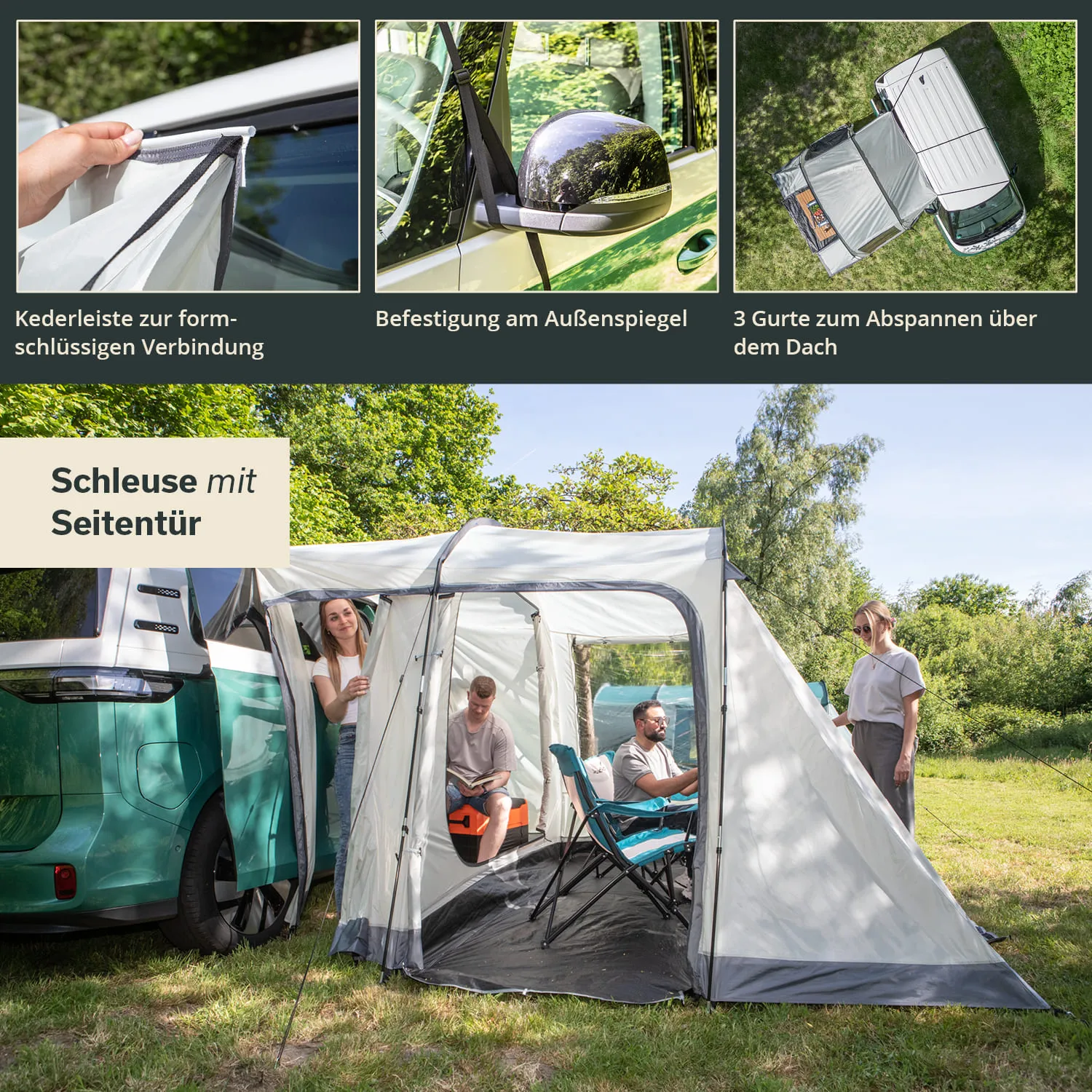 Zelt mit Seitentür, Personen sitzen und stehen neben einem Fahrzeug, Bäume im Hintergrund, grüne Wiese.