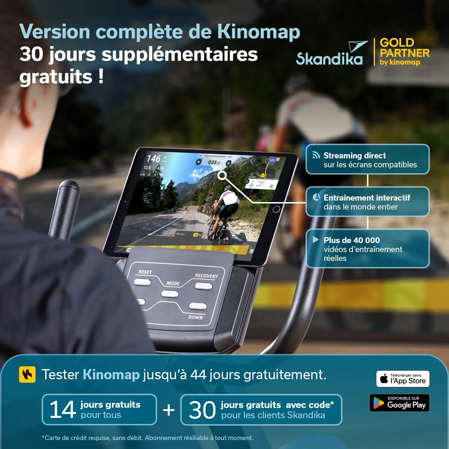 Fahrradtrainer mit Tablet, das eine Trainingsanwendung zeigt. Grafiken zu Übungen und Funktionen sind sichtbar.
