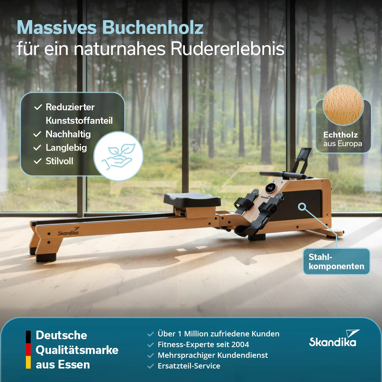 Rudergerät aus massivem Buchenholz mit schwarzem Sitz und Fußschlaufen, platziert vor großen Fenstern mit Waldansicht.