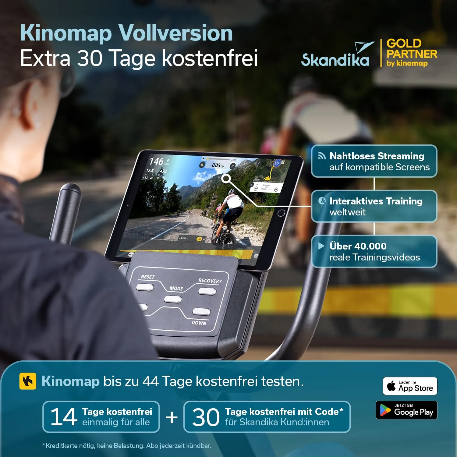Ein Fitnessgerät mit Bildschirm zeigt ein Radfahrerlebnis auf einer Strecke. Tasten für Steuerung sind gut sichtbar. Text beschreibt kostenlose Testzeiträume und Streaming-Funktionen.