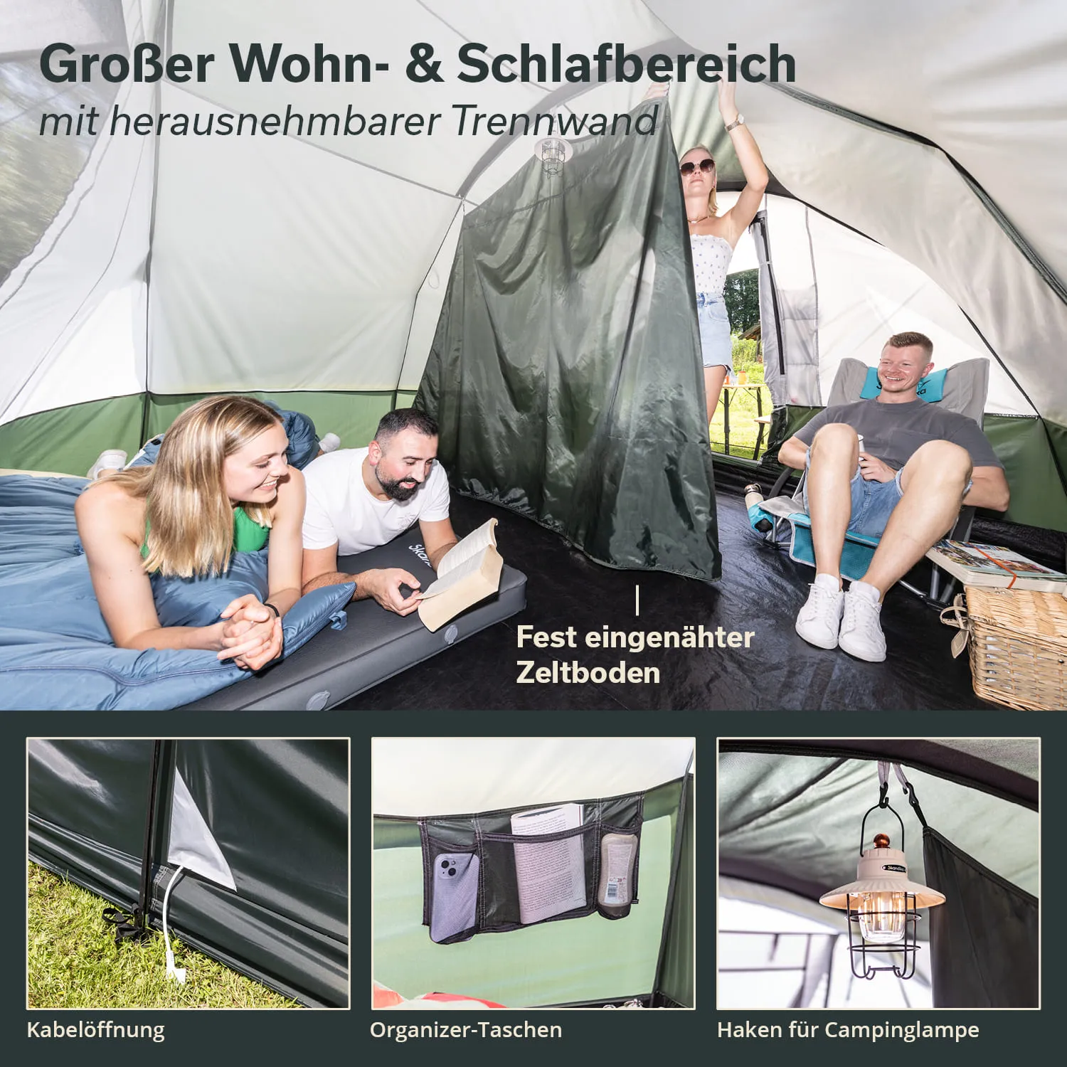 Zelt mit Wohn- und Schlafbereich, Personen im Zelt, Buchlesender und eine stehende Person. Organizers und Kabelöffnung sichtbar.