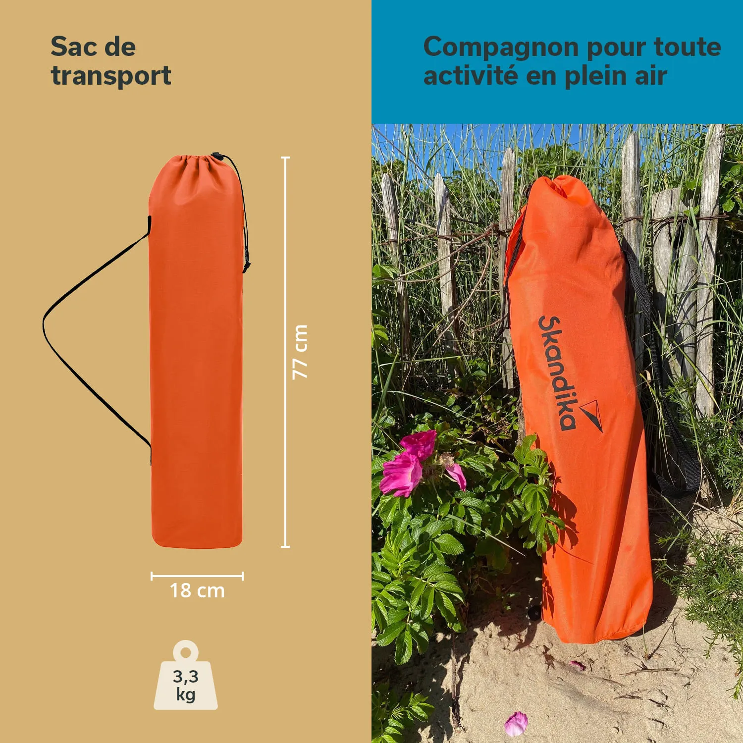 Oranger Transportbeutel mit Maßangaben (77 cm x 18 cm, 3,3 kg) neben Pflanzen und einem Holzlattenzaun.