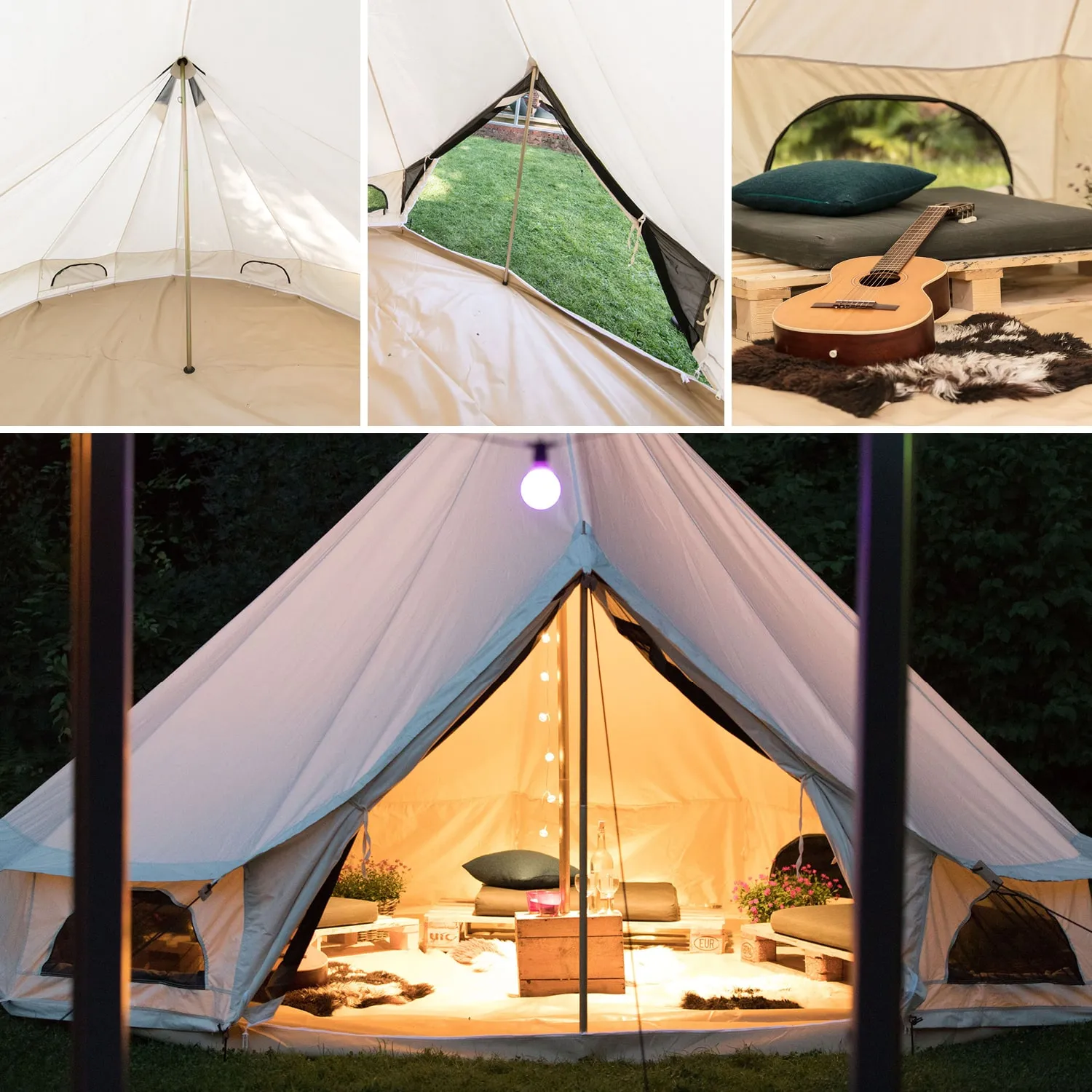 Zelt mit gutem Innenlayout, hell beleuchtet, Kissen, Gitarre und Pflanzen. Außenansicht des Zeltes bei Nacht.