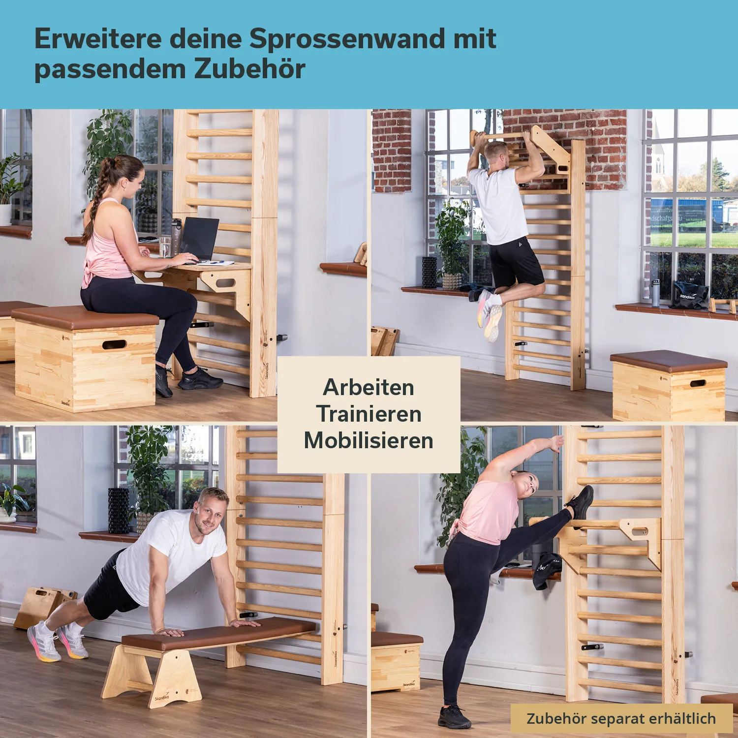 Sprossenwand in einem Raum, Personen nutzen das Zubehör: Eine sitzt am Laptop, eine kniet und zieht sich hoch, eine macht einen Stretch.