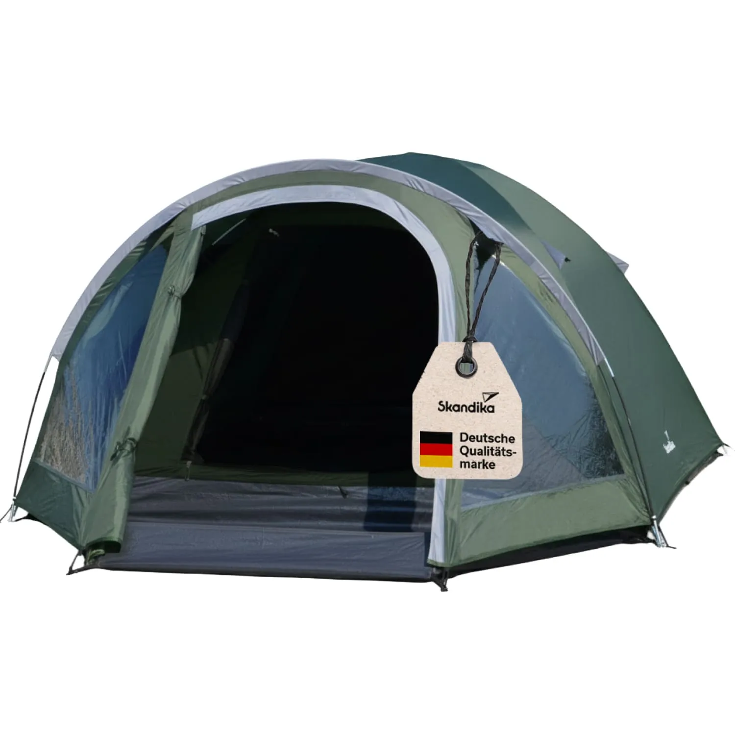 Grünes Zelt mit einem Eingangsbereich, an dem ein Etikett mit „Skandika“ und „Deutsche Qualitätsmarke“ hängt.