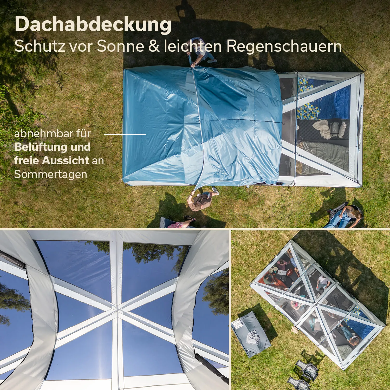 Dachabdeckung für einen Outdoor-Bereich, mit abnehmbarer Plane zur Belüftung. Unter der Abdeckung sind Menschen und Liegen sichtbar.