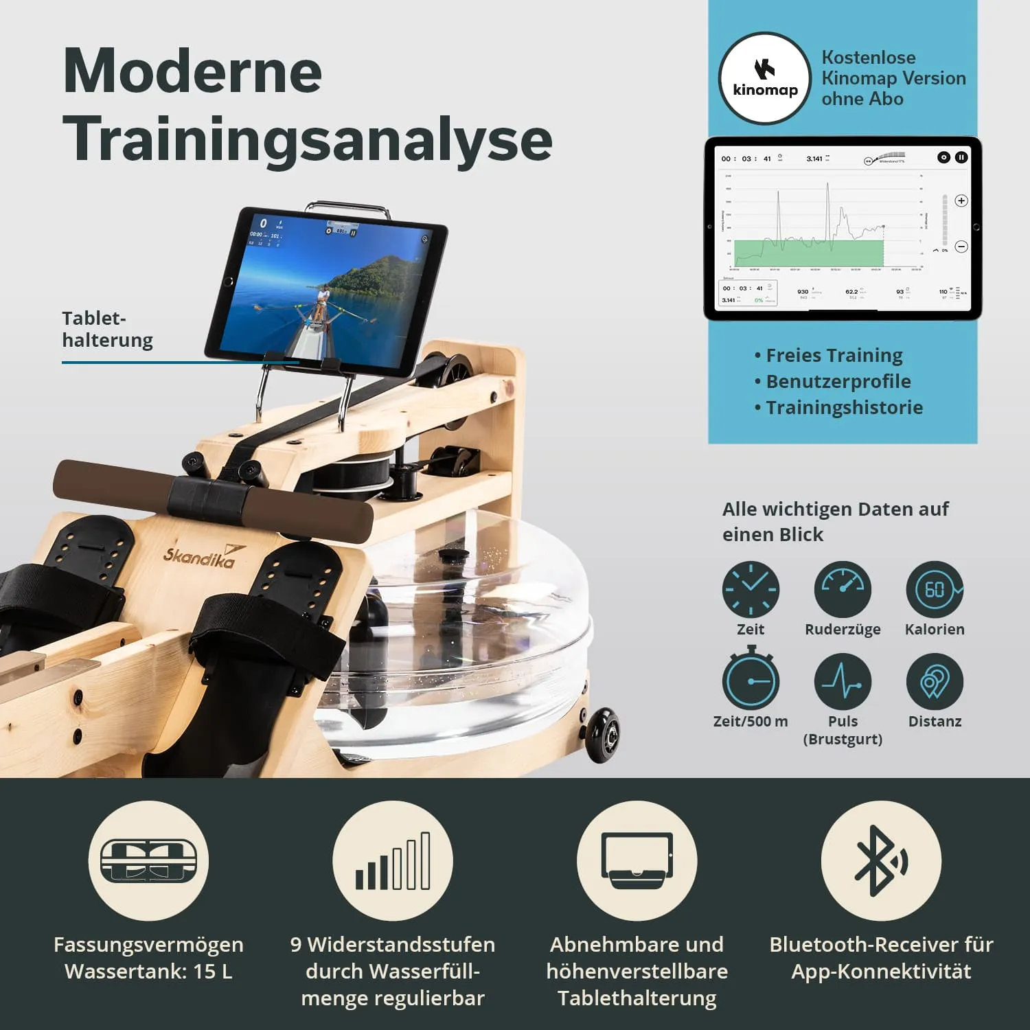 Wasserwiderstandstrainer mit Tablet-Halterung, transparentem Wassertank, Steuerungselementen und Trainingsdatenanzeige.