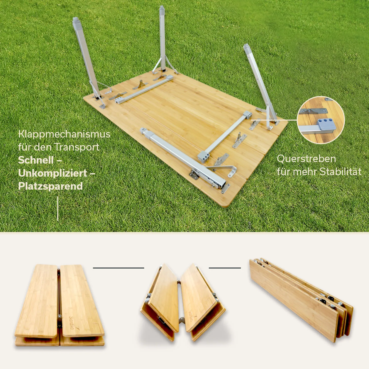 Faltbarer Tisch mit Holzoberfläche und Metallbeinen auf grünem Rasen. Text beschreibt Klappmechanismus für einfachen Transport.