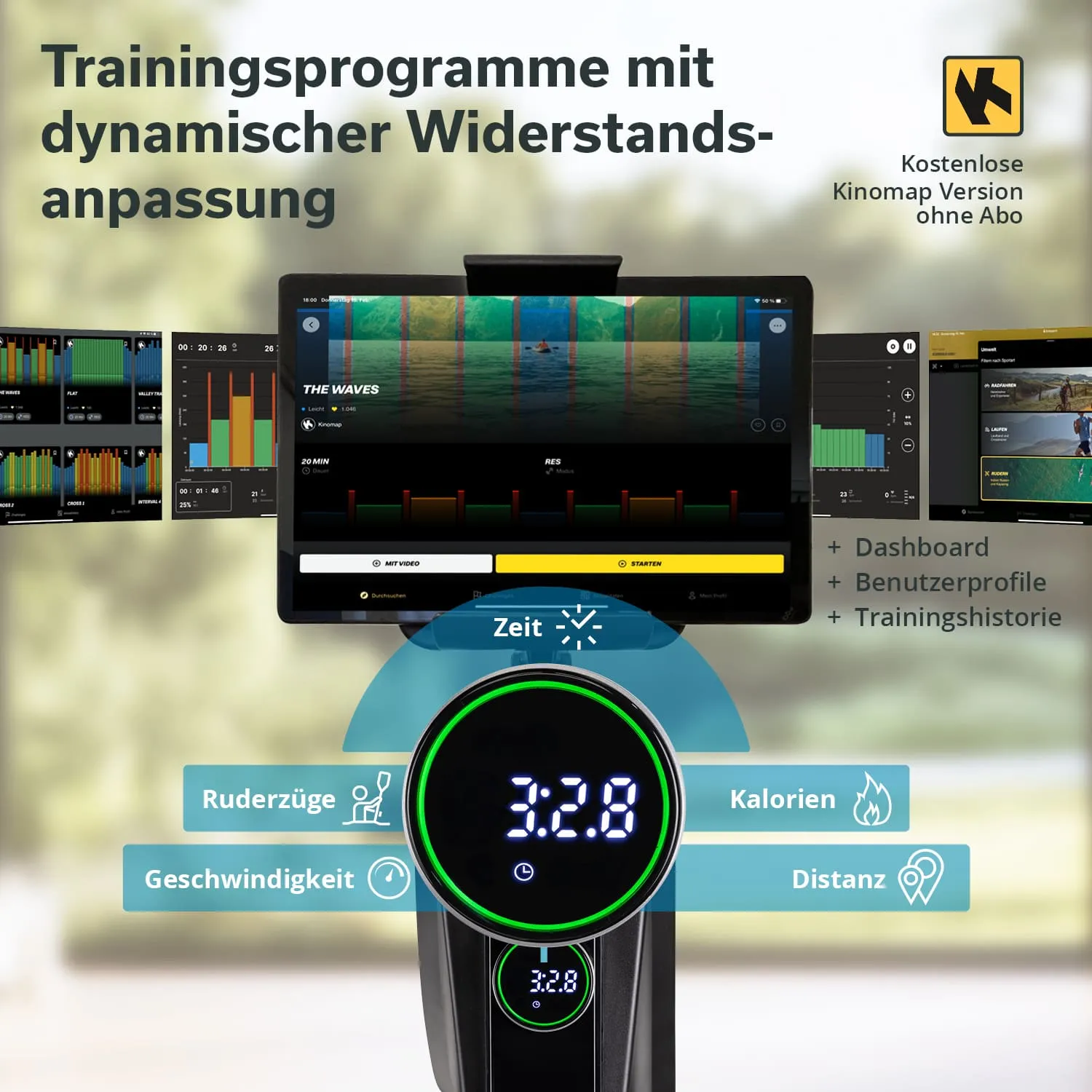 Fitnessgerät mit Bildschirm zur Anzeige von Trainingsdaten. Auf dem Bildschirm sind Grafiken und Informationen zu Programmen sichtbar.