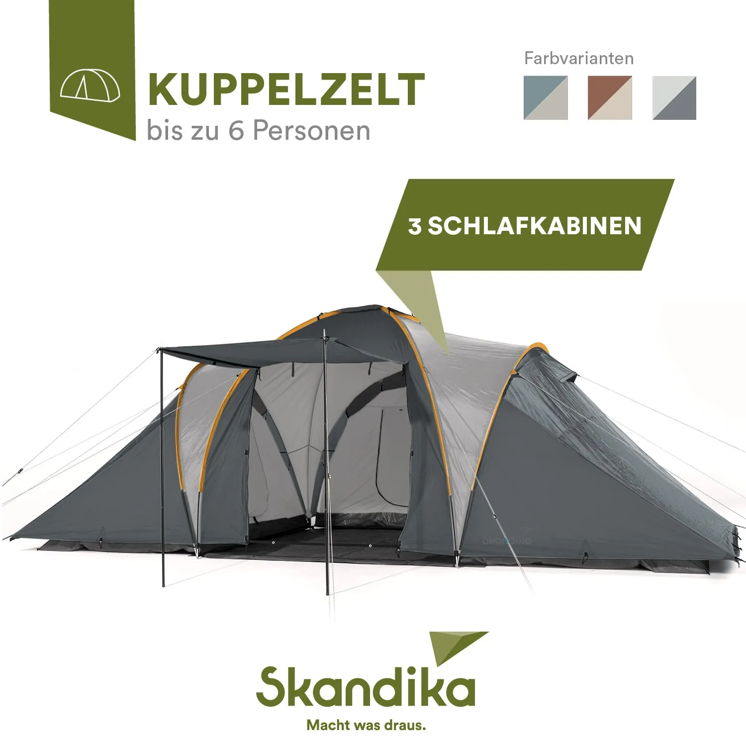 Kuppelzelt für bis zu 6 Personen mit drei Schlafkabinen und einem Vordach, in grauer Farbe und orangefarbenen Akzenten.