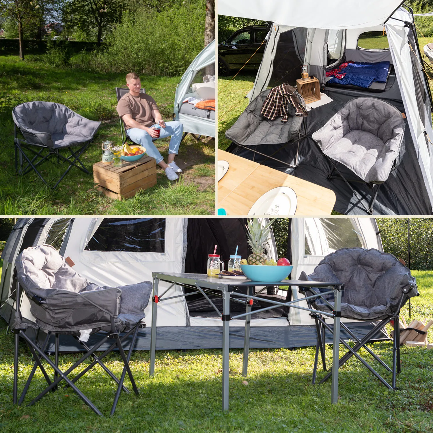 Campingzelt mit zwei Faltstühlen, einem Tisch, Obstschale und Getränken. Eine Person sitzt entspannt daneben.