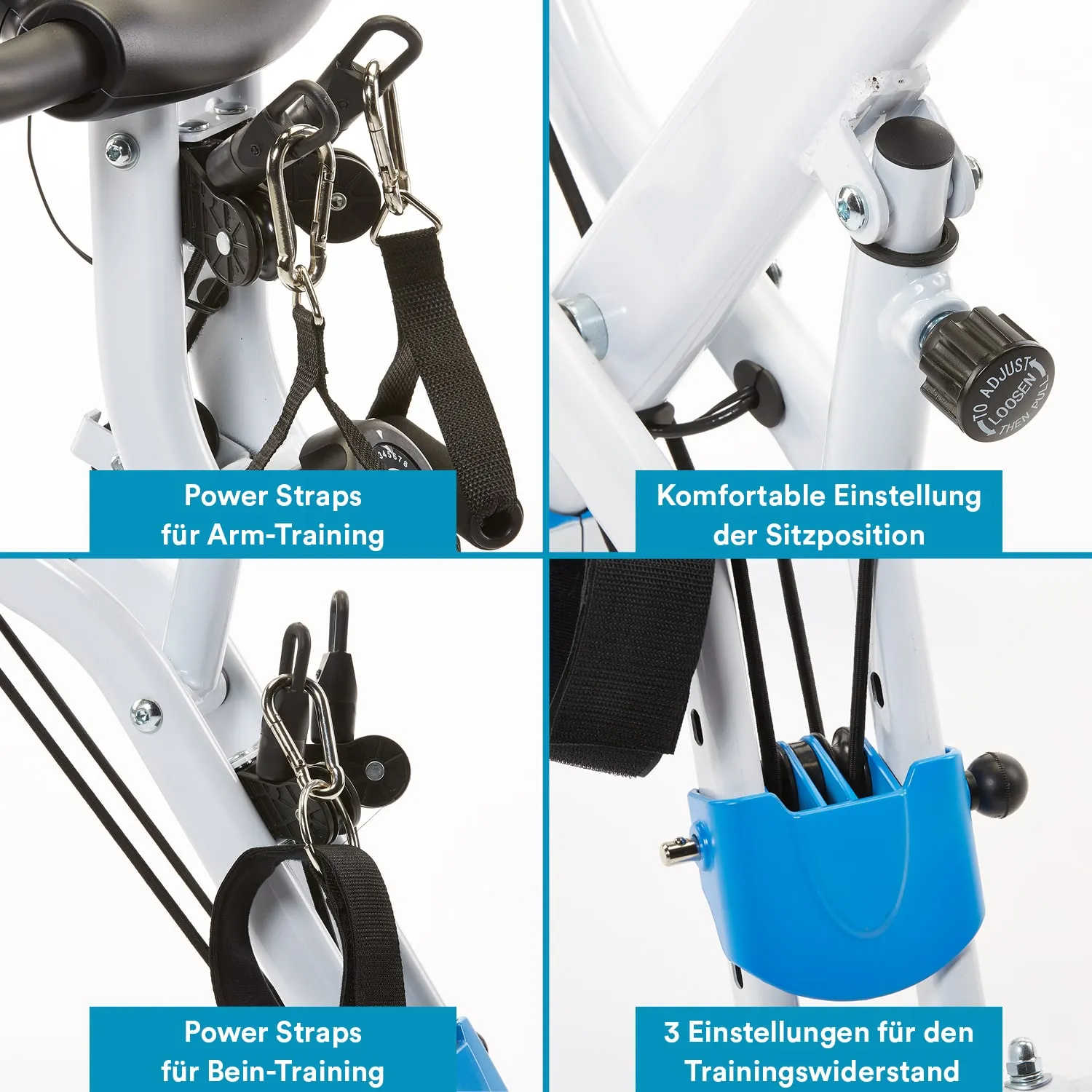 Das Bild zeigt verschiedene Funktionen eines Fitnessgeräts: Power Straps für Arm- und Beintraining, eine Einstellung für die Sitzposition und drei Widerstandseinstellungen.