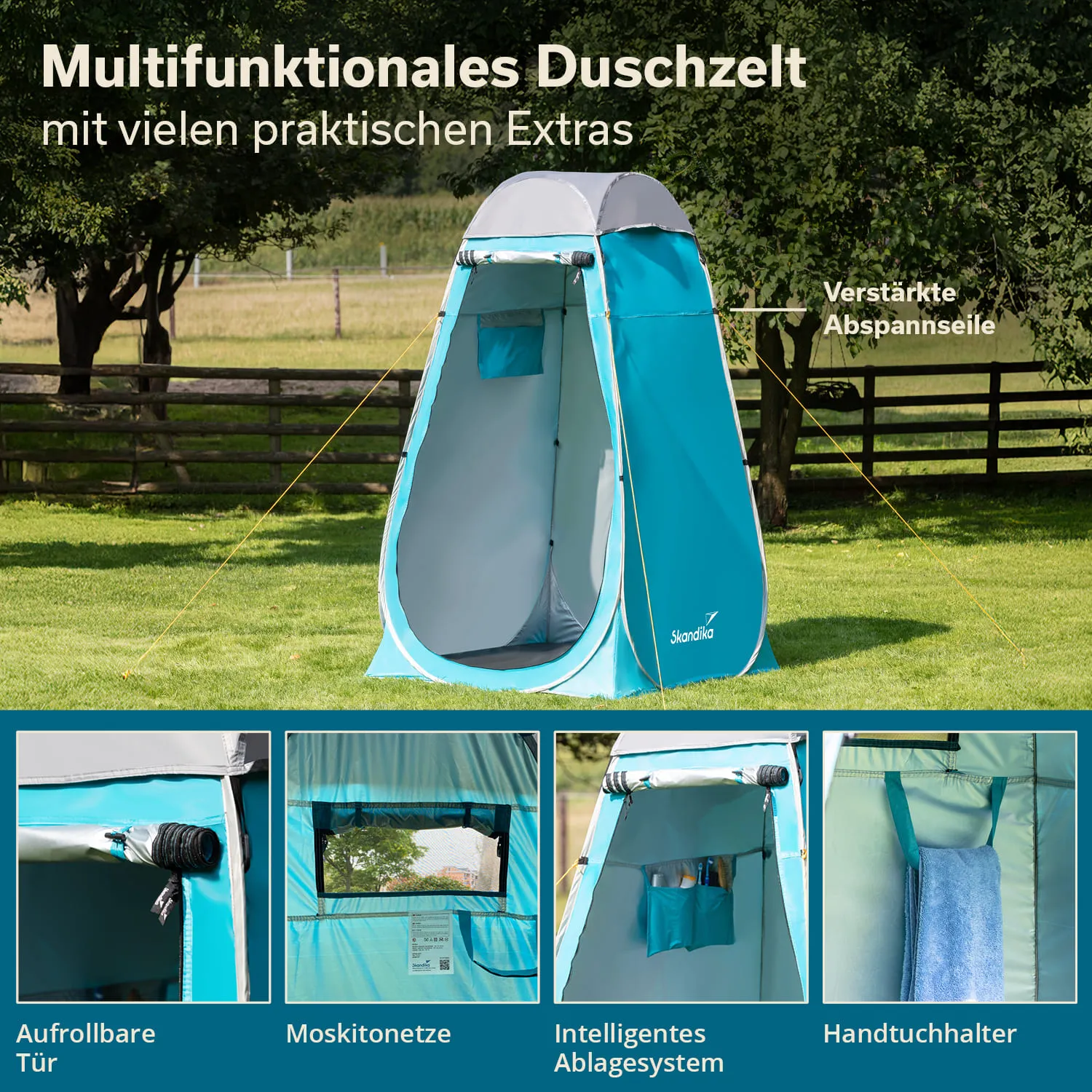Multifunktionales Duschzelt in türkiser Farbe, auf einer Wiese aufgestellt. Es hat eine aufrollbare Tür, Moskitonetze und Halterungen für Handtücher.