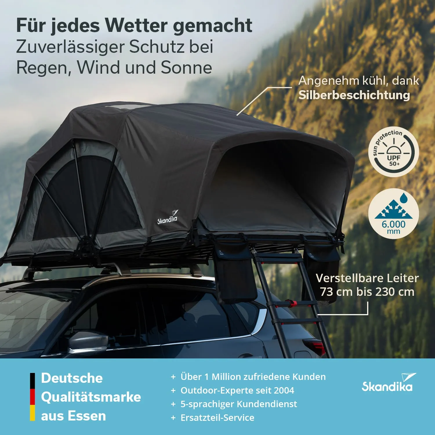 Dachzelt auf einem Auto, umgeben von Bergen. Beschriftung mit Produktinformationen und Markenlogo.