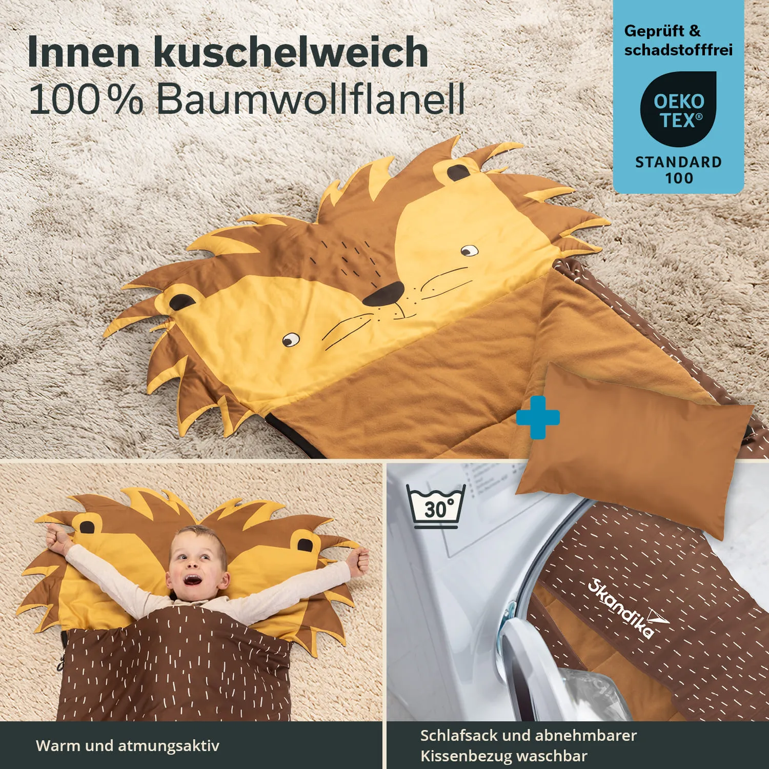Schlafsack mit Löwenmotiv aus Baumwollflanell, abnehmbarer Kissenbezug und Waschhinweis. Kind liegt darin auf einem Teppich.