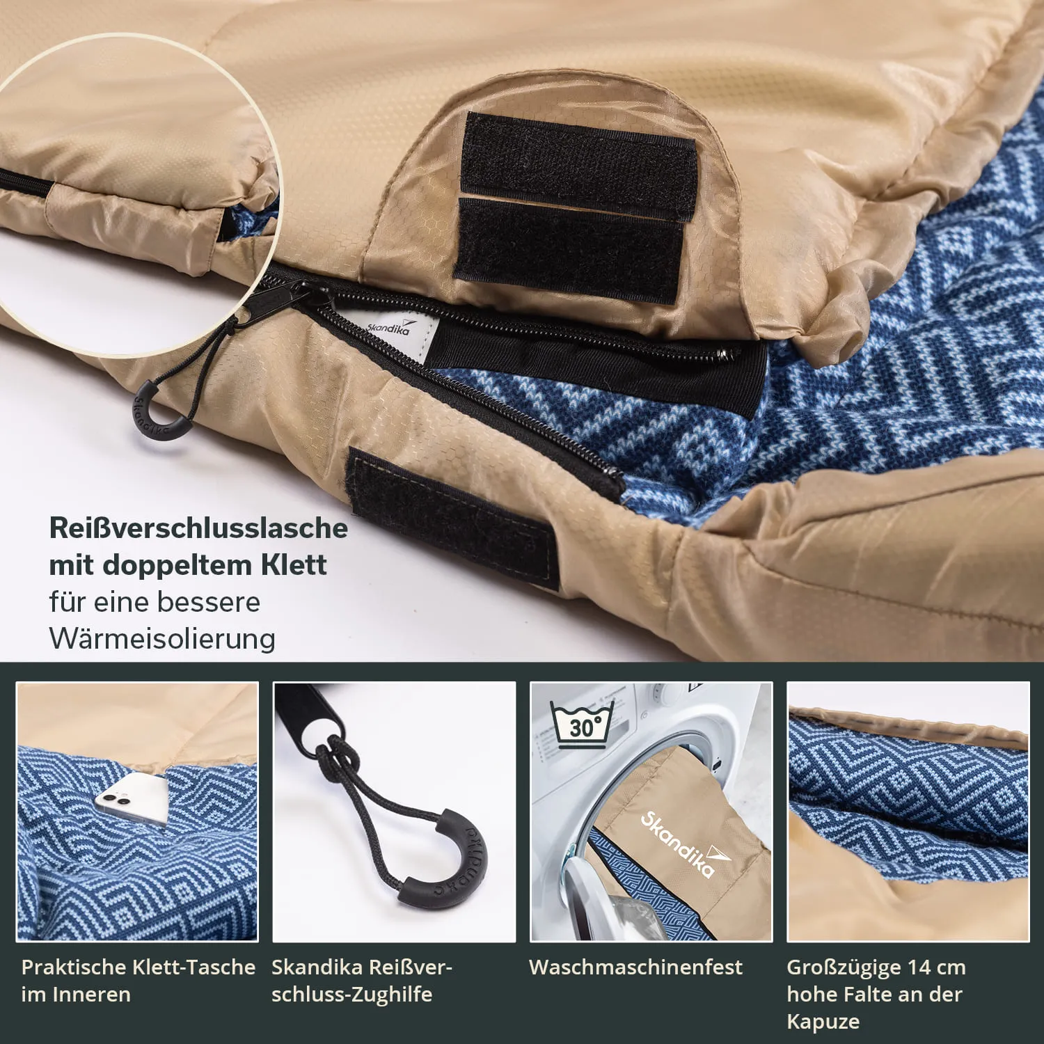 Beige Schlafsack mit blauem Innenfutter, Reißverschluss und Klettverschluss. Detailansicht zeigt Innentasche und Zughilfe.