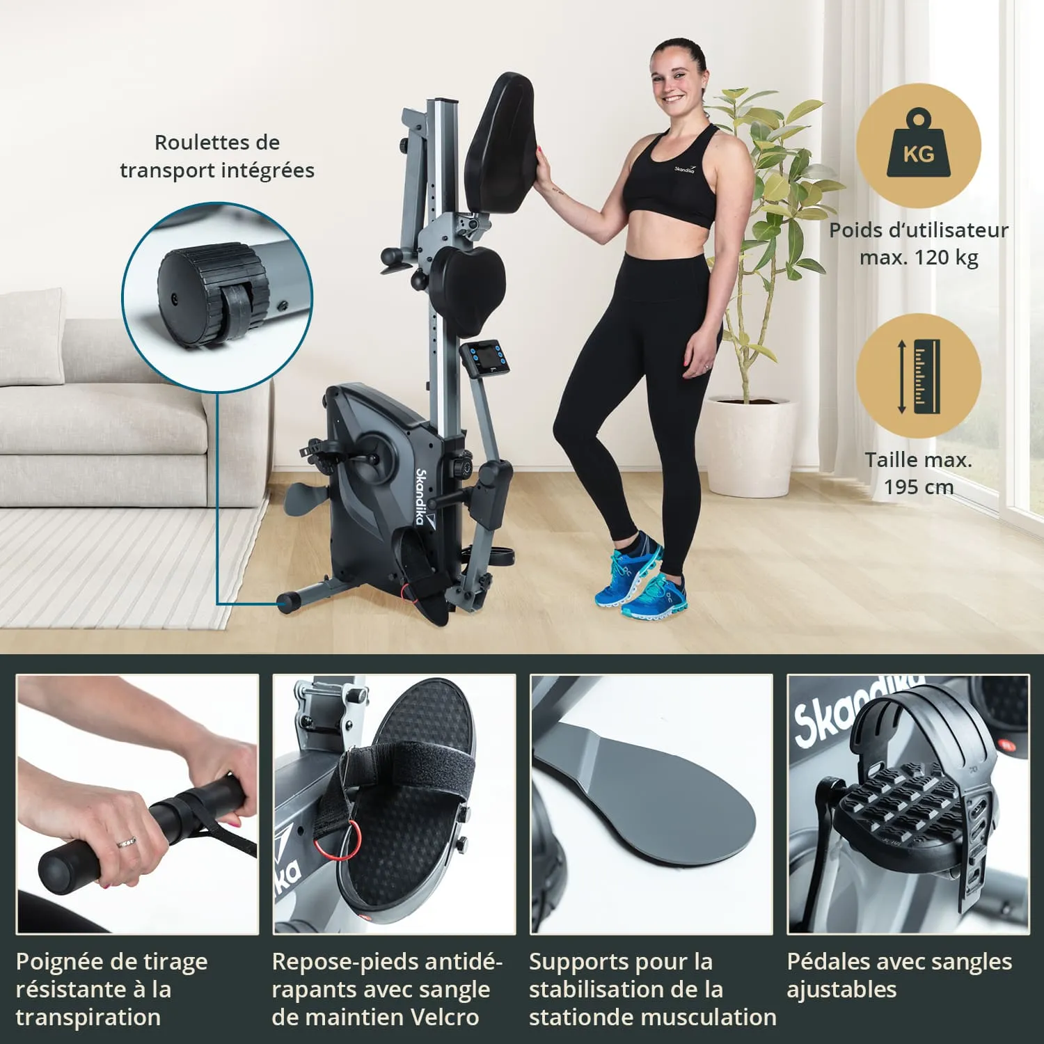 Heimtrainer mit integrierten Transportrollen, einer Person neben dem Gerät und Details zu den Eigenschaften.
