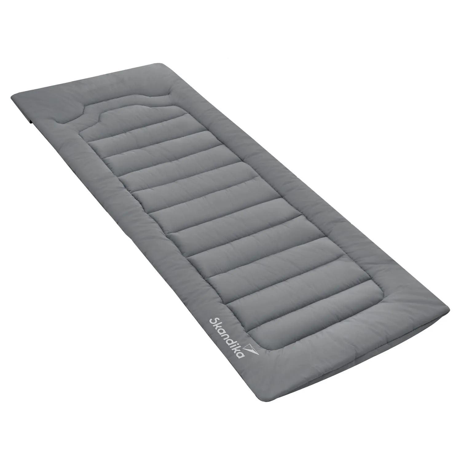 Graue Isomatte mit gestepptem Design und Logo in der unteren Ecke. Die Matte hat eine rechteckige Form.