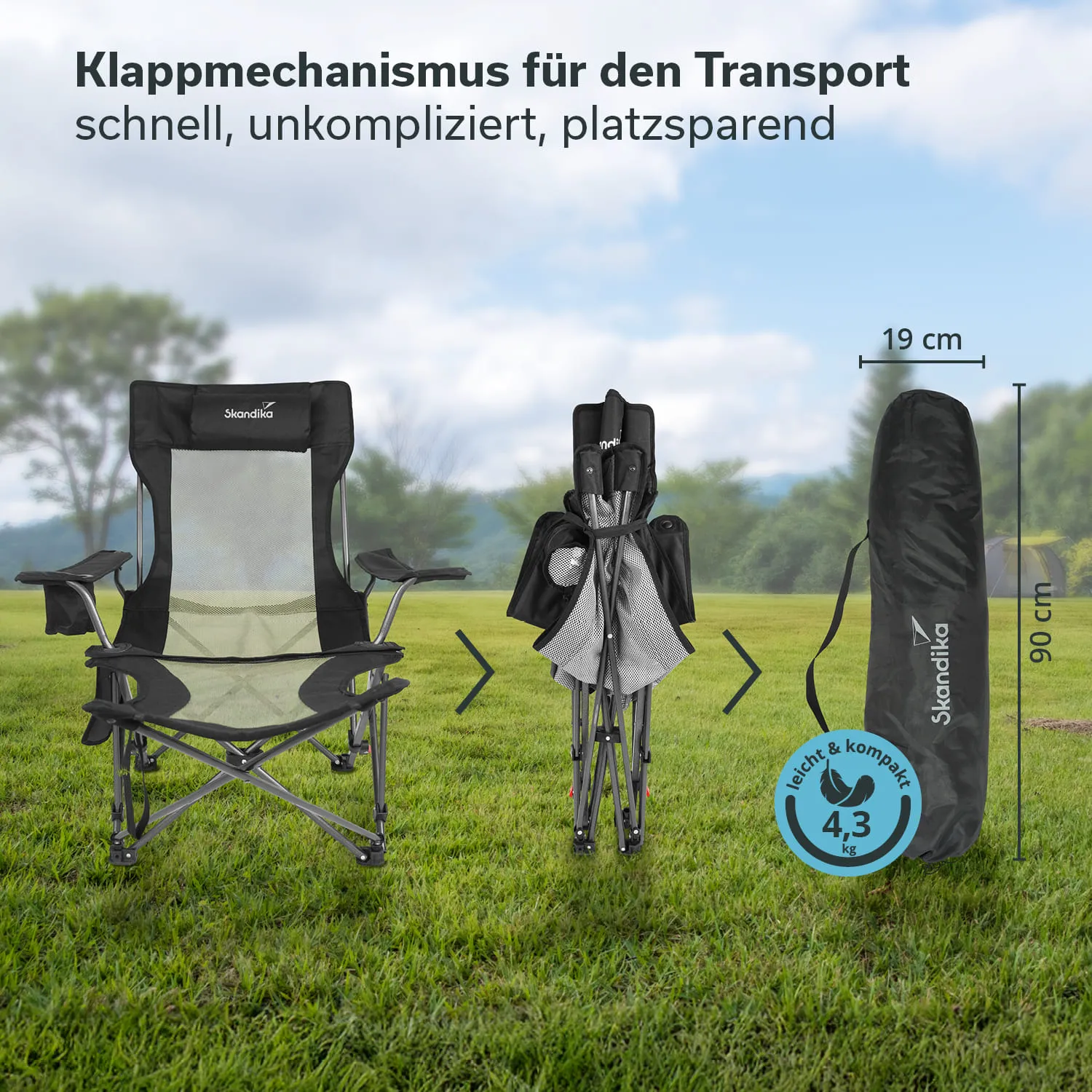 Klappstuhl schwarz mit zurückklappbarem Mechanismus, um Platz zu sparen. Neben Stuhl eine gefaltete Version und Transporttasche dargestellt.