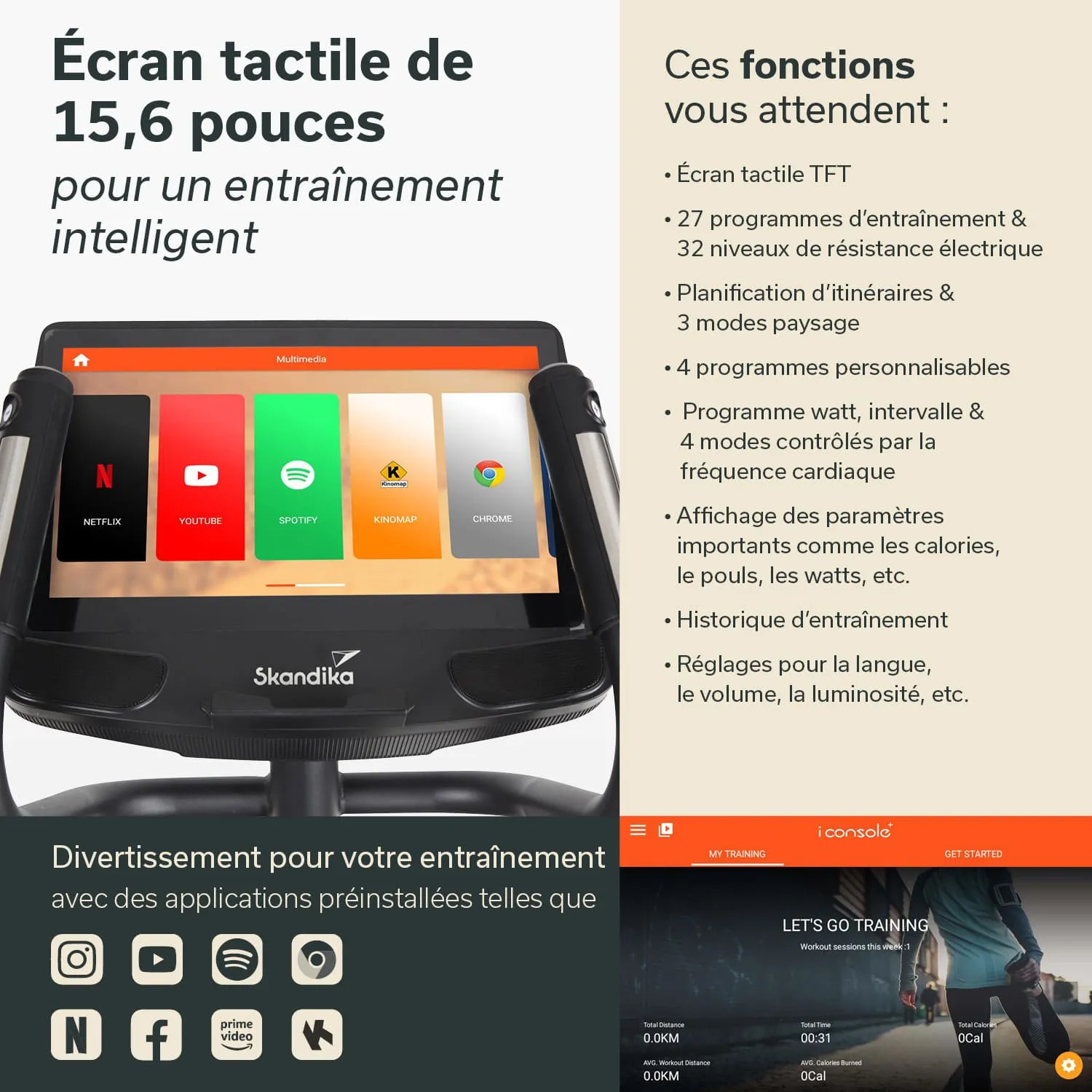 Bild eines Trainingsgeräts mit einem 15,6 Zoll Touchscreen. Der Bildschirm zeigt Apps wie Netflix, YouTube und Spotify. Informationen über Trainingsprogramme, Widerstandsstufen und Funktionen sind auf der linken Seite aufgeführt.