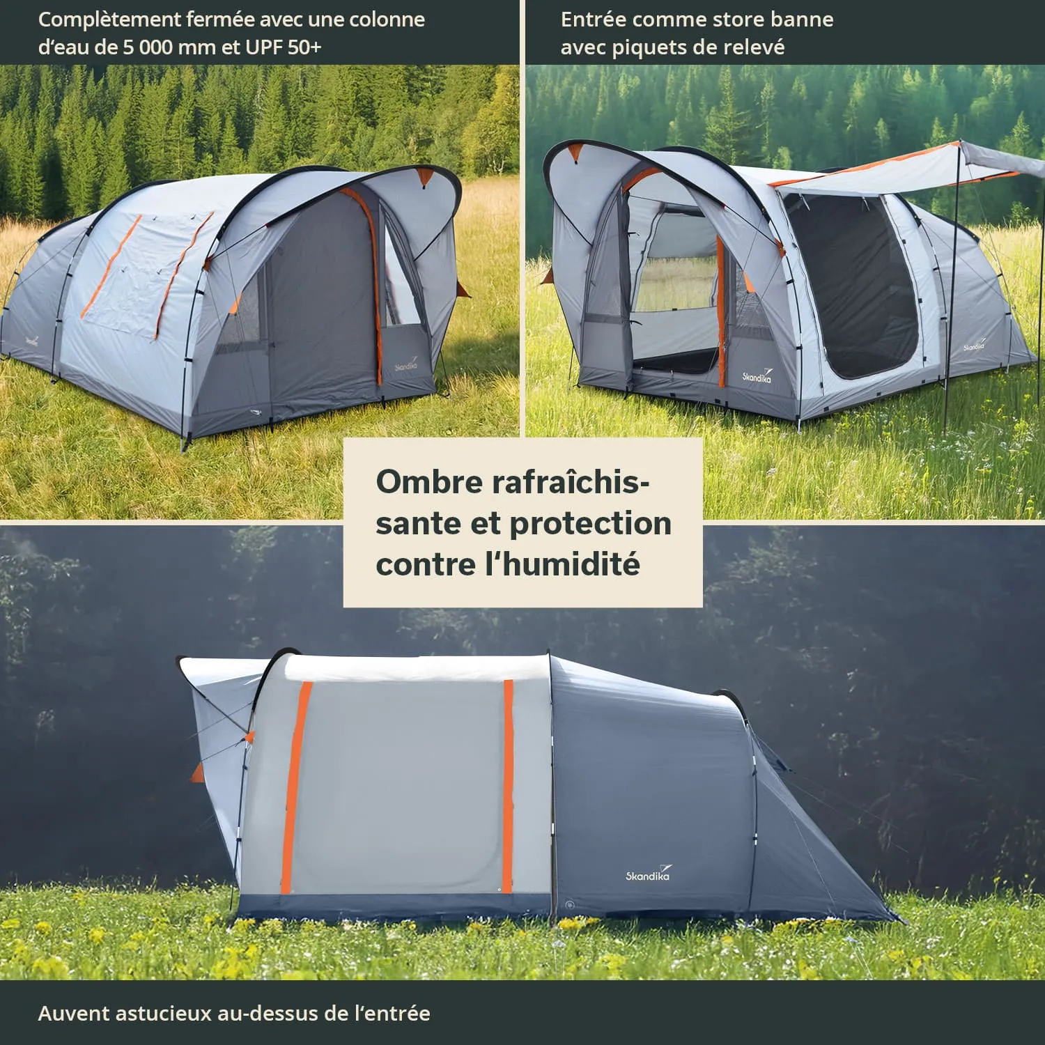 Zelt in verschiedenen Ansichten auf einer grünen Wiese, mit Details zu Funktionen wie UV-Schutz und Feuchtigkeitsbeständigkeit.