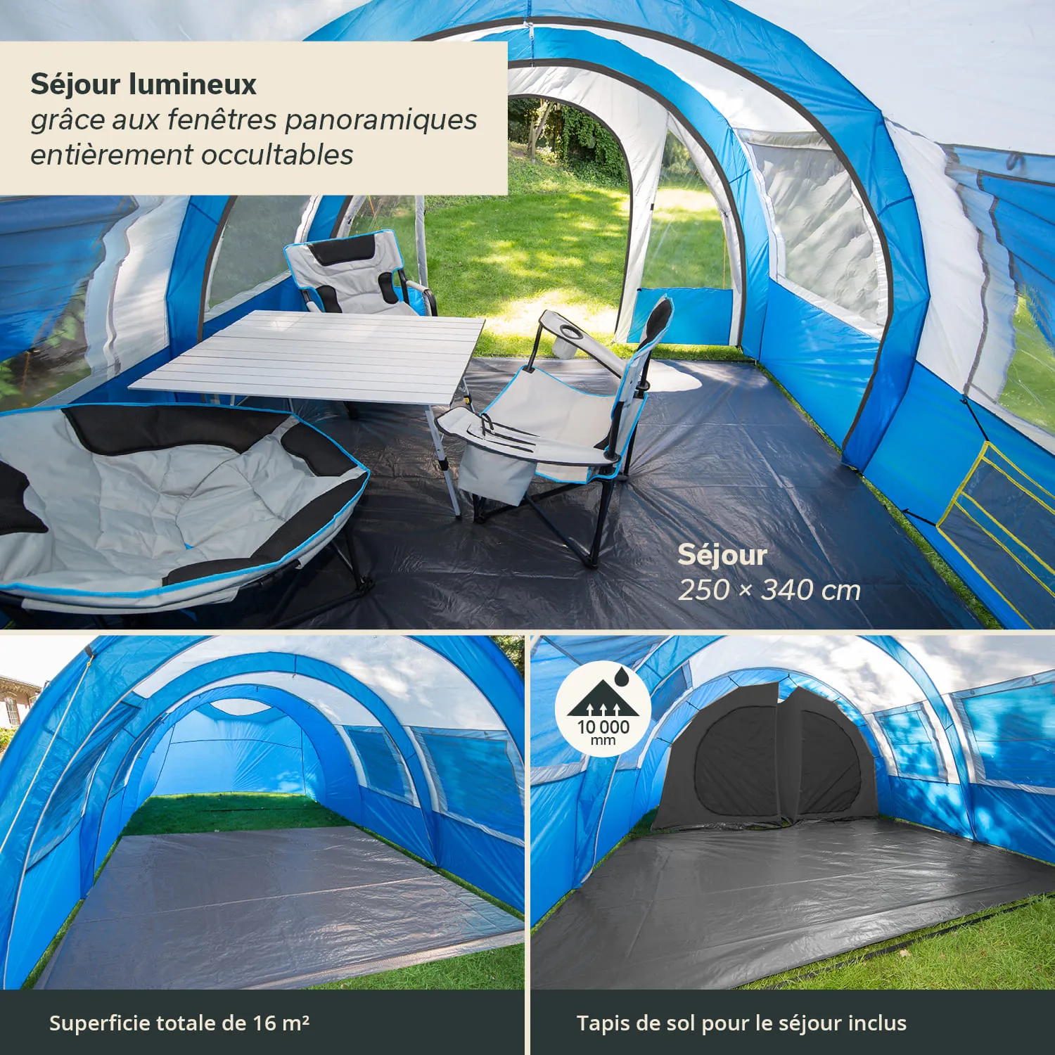 Zeltinneres mit blauen Wänden, weißem Tisch und zwei Stühlen. Sichtbare schwarze Bodenfläche und verschiedene Zeltbereiche.