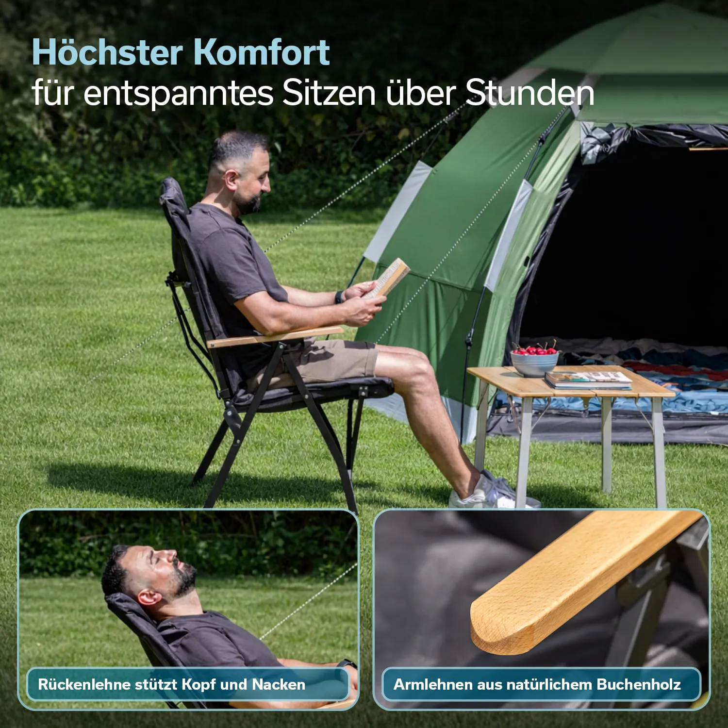 Eine Person sitzt auf einem klappbaren Stuhl im Grünen und liest ein Buch. Im Hintergrund ist ein Zelt zu sehen und ein kleiner Tisch mit Obst und einer Zeitschrift.