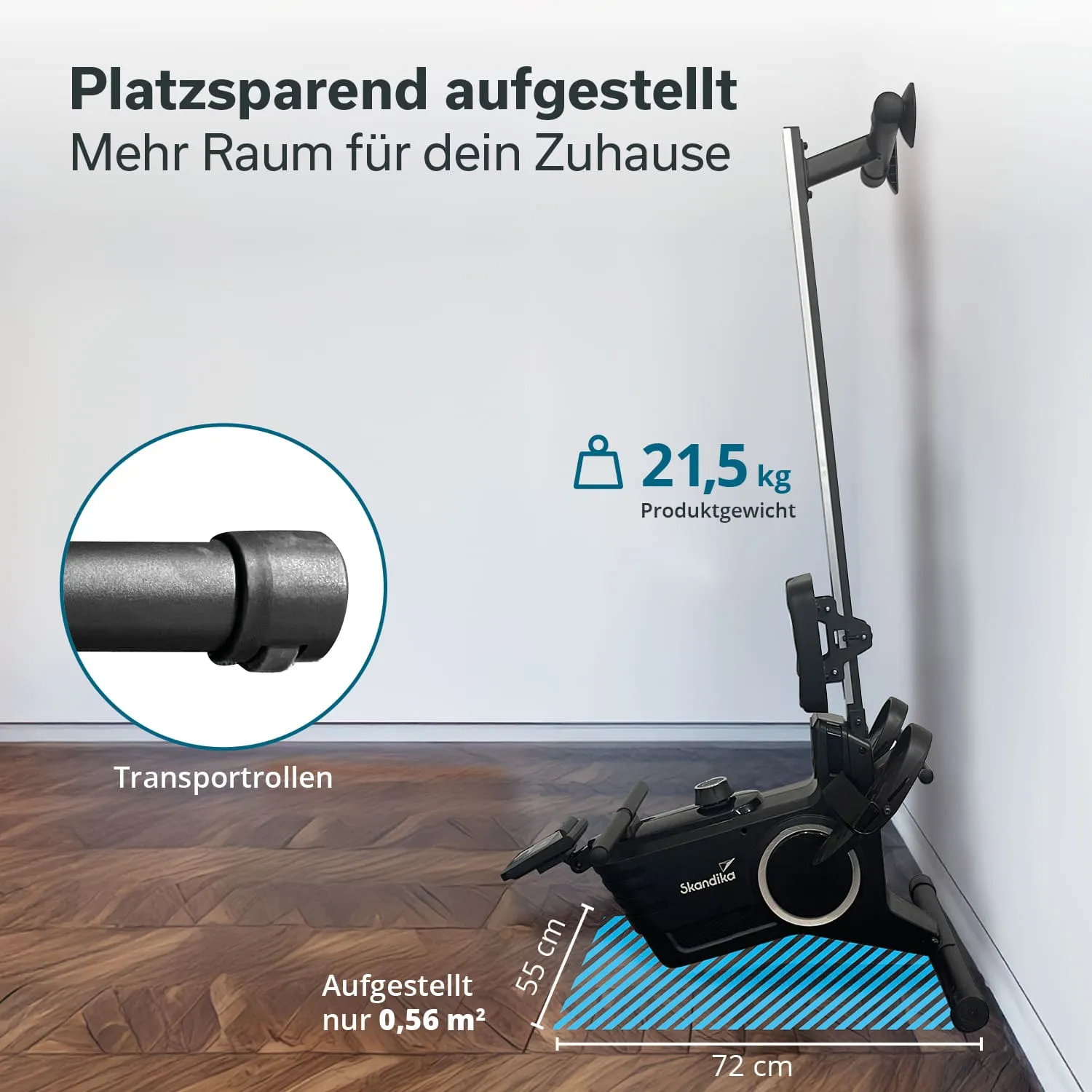 Schwarz-weißer Fitnessgerät mit Transportrollen steht platzsparend an einer Wand. Gewicht und Abmessungen sind angegeben.