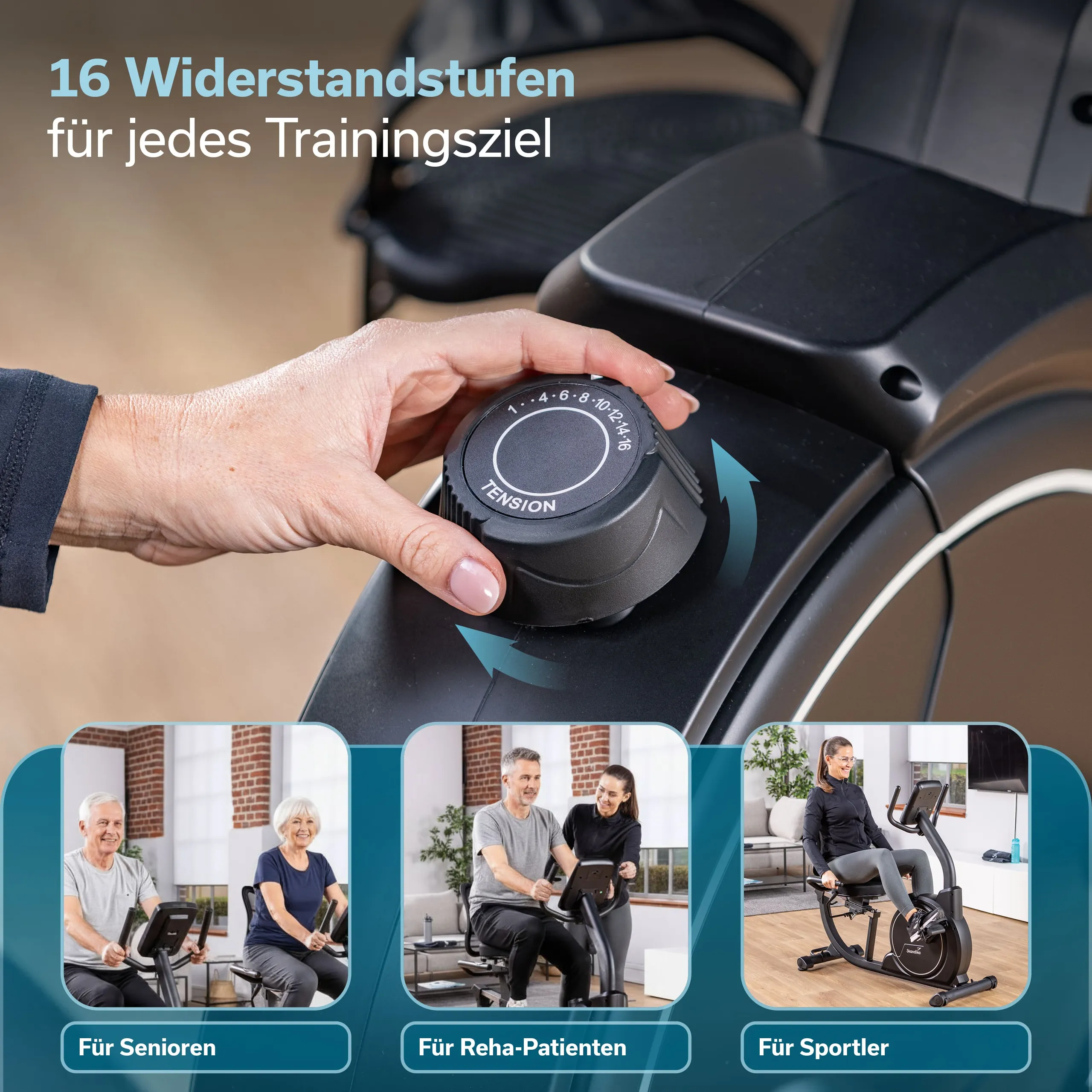 Bedienelement für den Widerstand an einem Fitnessgerät, daneben drei Personen in verschiedenen Trainingssituationen.
