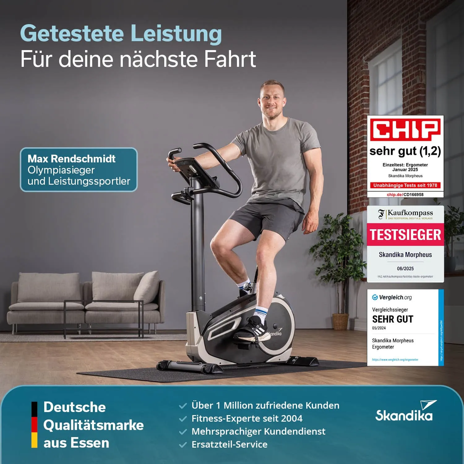 Ein Heimtrainer steht auf einem Holzfußboden. Im Hintergrund befindet sich ein Fernseher, der Trainingsvideos zeigt. Rechts sind Informationen über Kinomap und Vorteile abgebildet, mit Icons für Streaming-Funktionen.