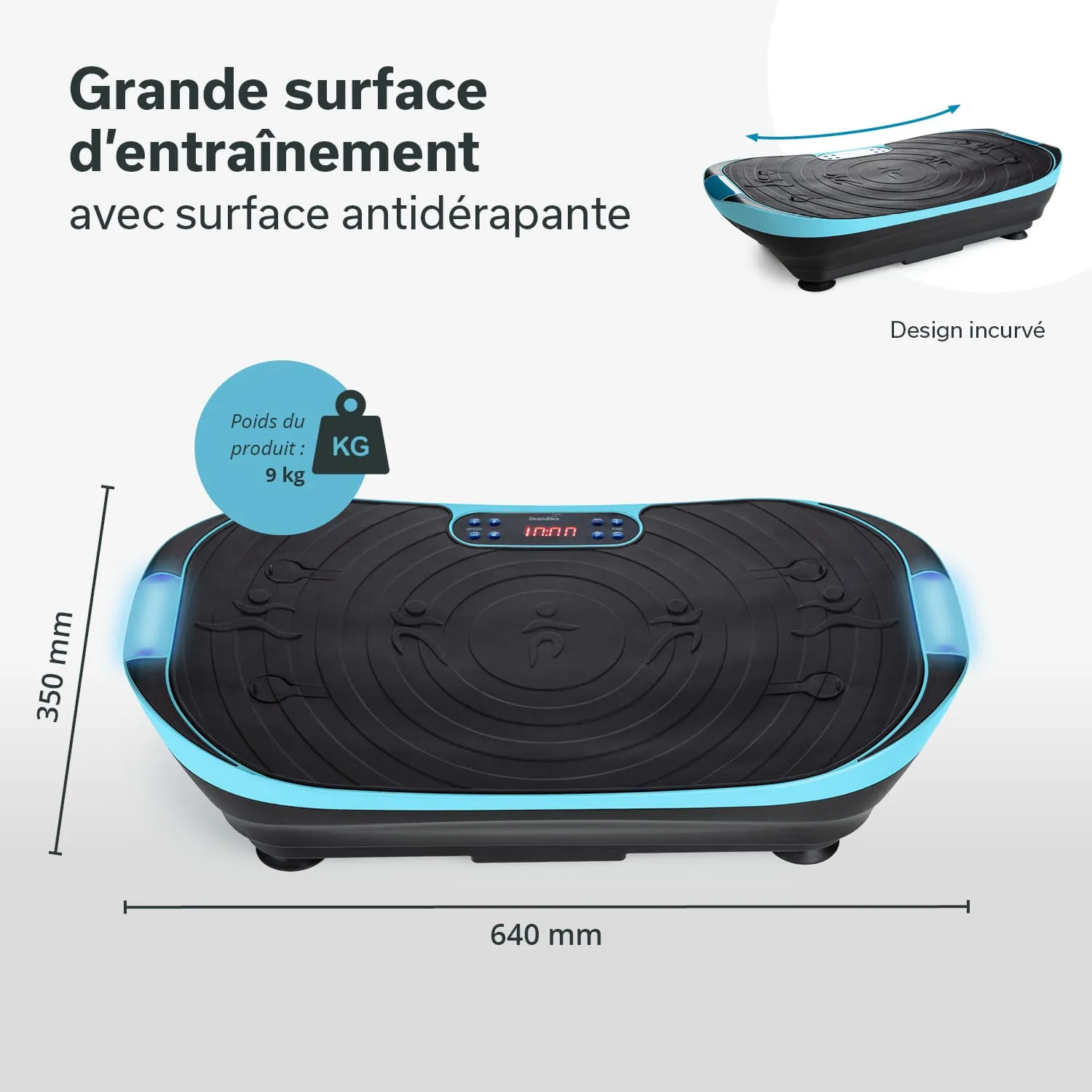 Vibrationsplatte mit rutschfester Oberfläche, abgerundeten Kanten, Digitalanzeige und den Maßen 640 mm x 350 mm. Gewicht: 9 kg.