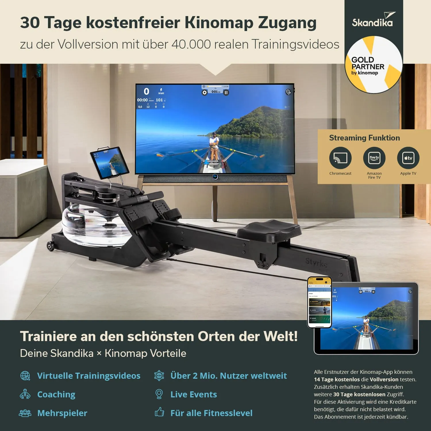 Rudergerät mit transparentem Wassertank, daneben ein Fernseher, der ein Rudertrainingsvideo zeigt. Textinformationen zu Kinomap und Skandika.