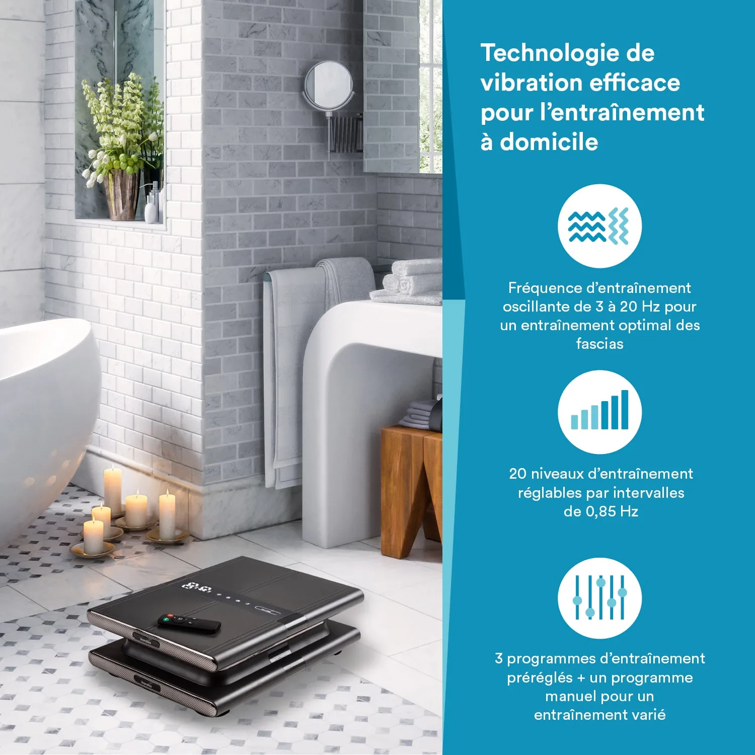 Vibrationsplatte in einem modernen Badezimmer mit Badewanne, Handtüchern, Kerzen und einem Spiegel.