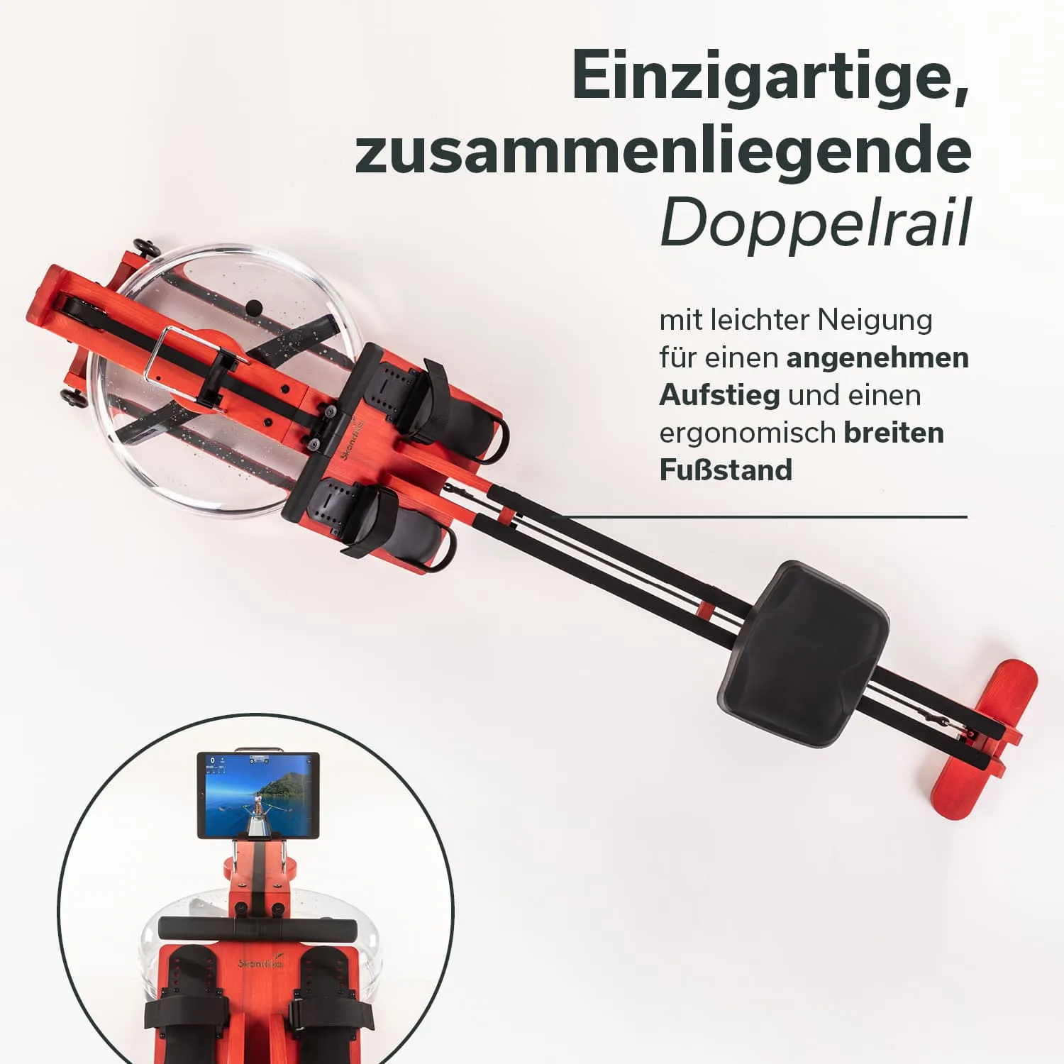 Rudermaschine mit rotem Gestell, transparentem Wasserbehälter und einem Tablet-Halter. Ergonomischer Sitz und breiter Fußstand.