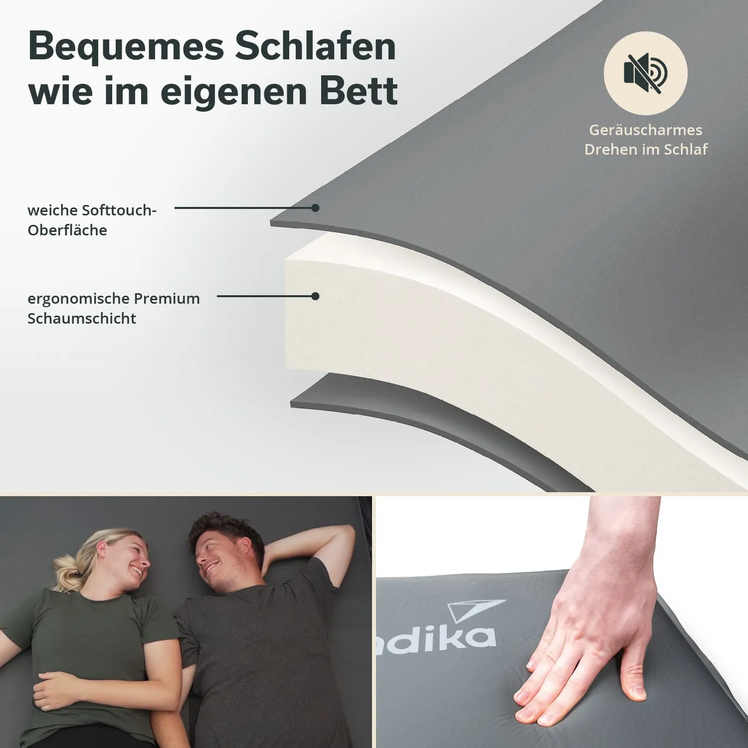 Das Bild zeigt eine Matratze mit einer grauen Softtouch-Oberfläche und einer ergonomischen Schaumstoffschicht. In der unteren Hälfte sind zwei Personen zu sehen, die nebeneinander liegen und sich anlächeln. Eine Hand berührt die Matratze.
